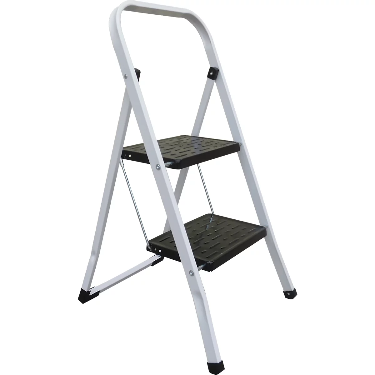 Klappbare, weisse Trittleiter mit zwei schwarzen Stufen. Ein Handgriff oben.