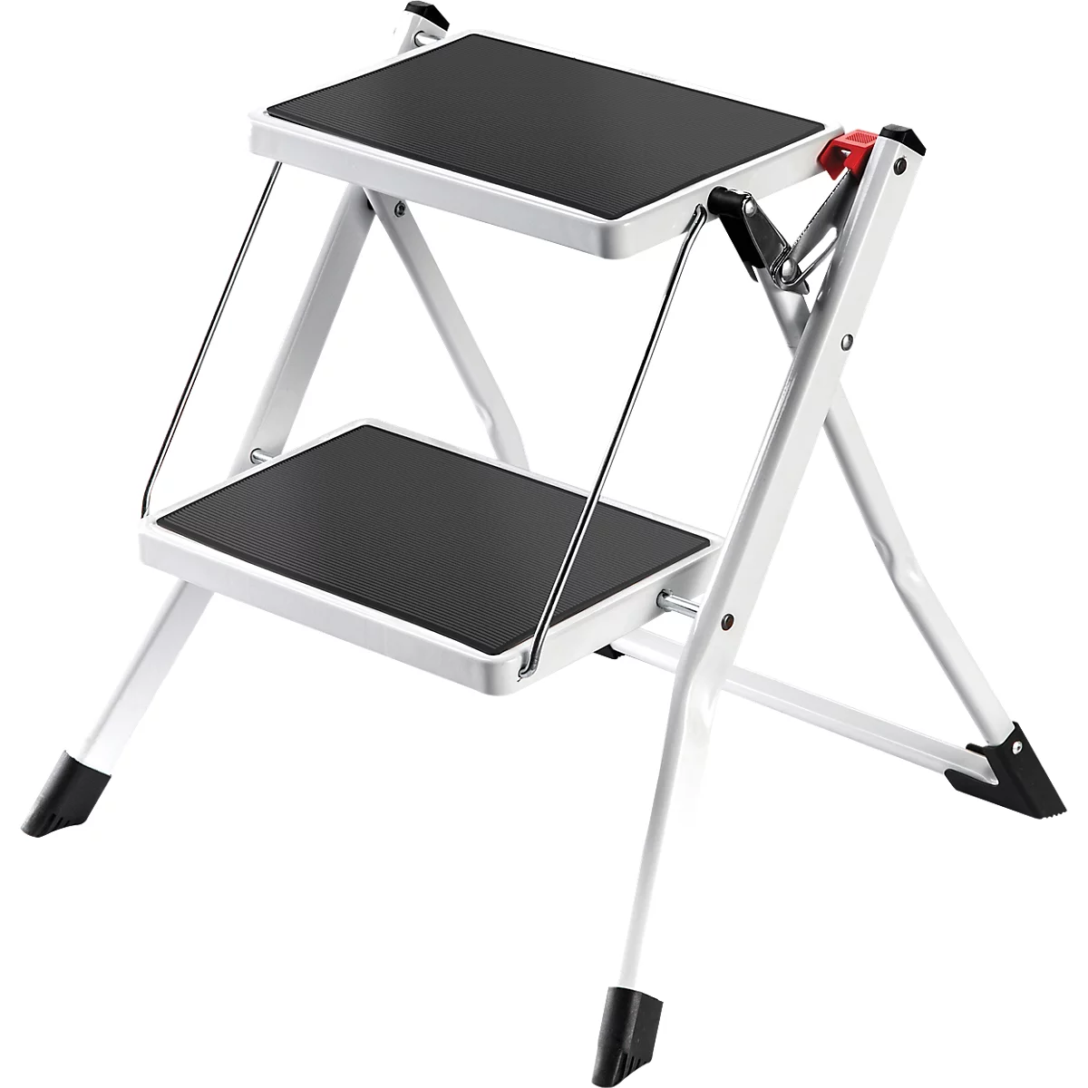 Klappbare Trittleiter mit zwei schwarzen Stufen und weissem Gestell, Blick von vorne.