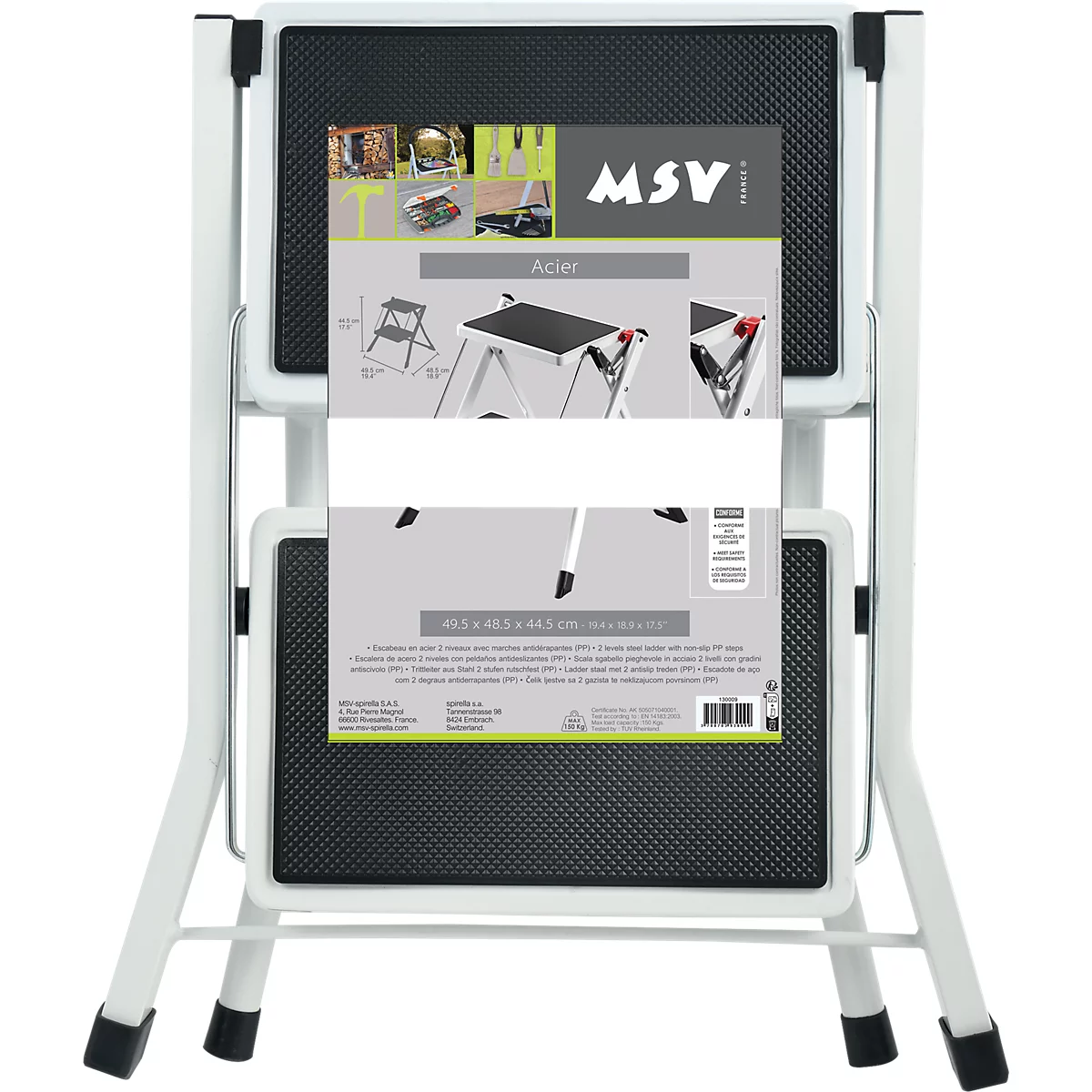 Eine zweistufige Stehleiter aus Stahl mit schwarzen Trittflächen und weissem Gestell.