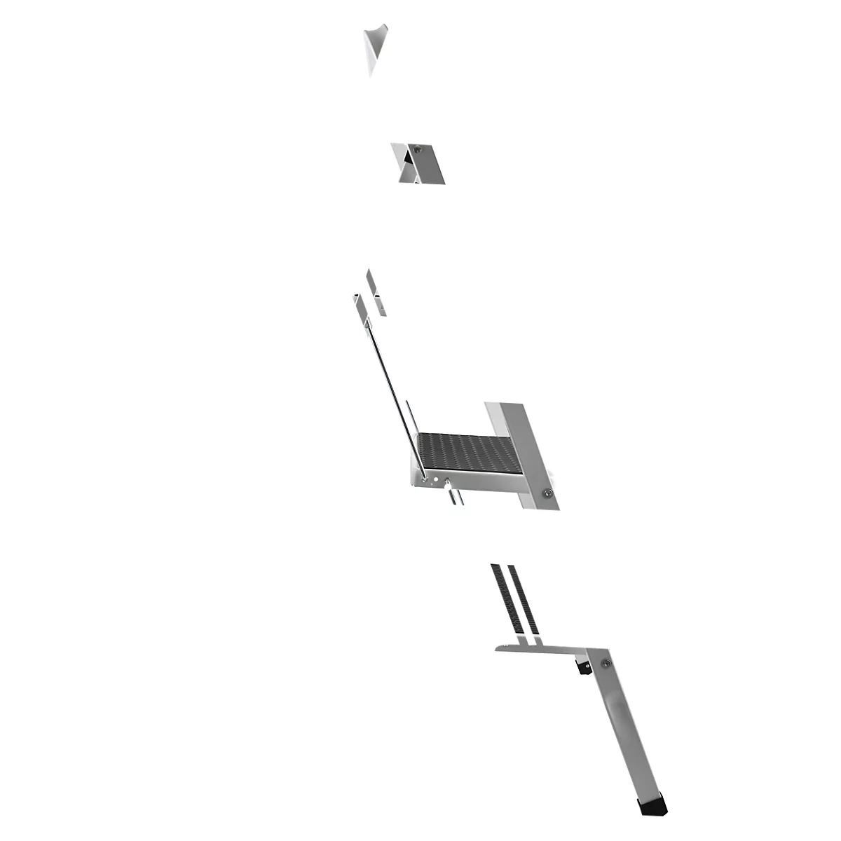 Zerlegte Trittleiter auf weissem Hintergrund. Die einzelnen Teile sind in der Luft angeordnet.