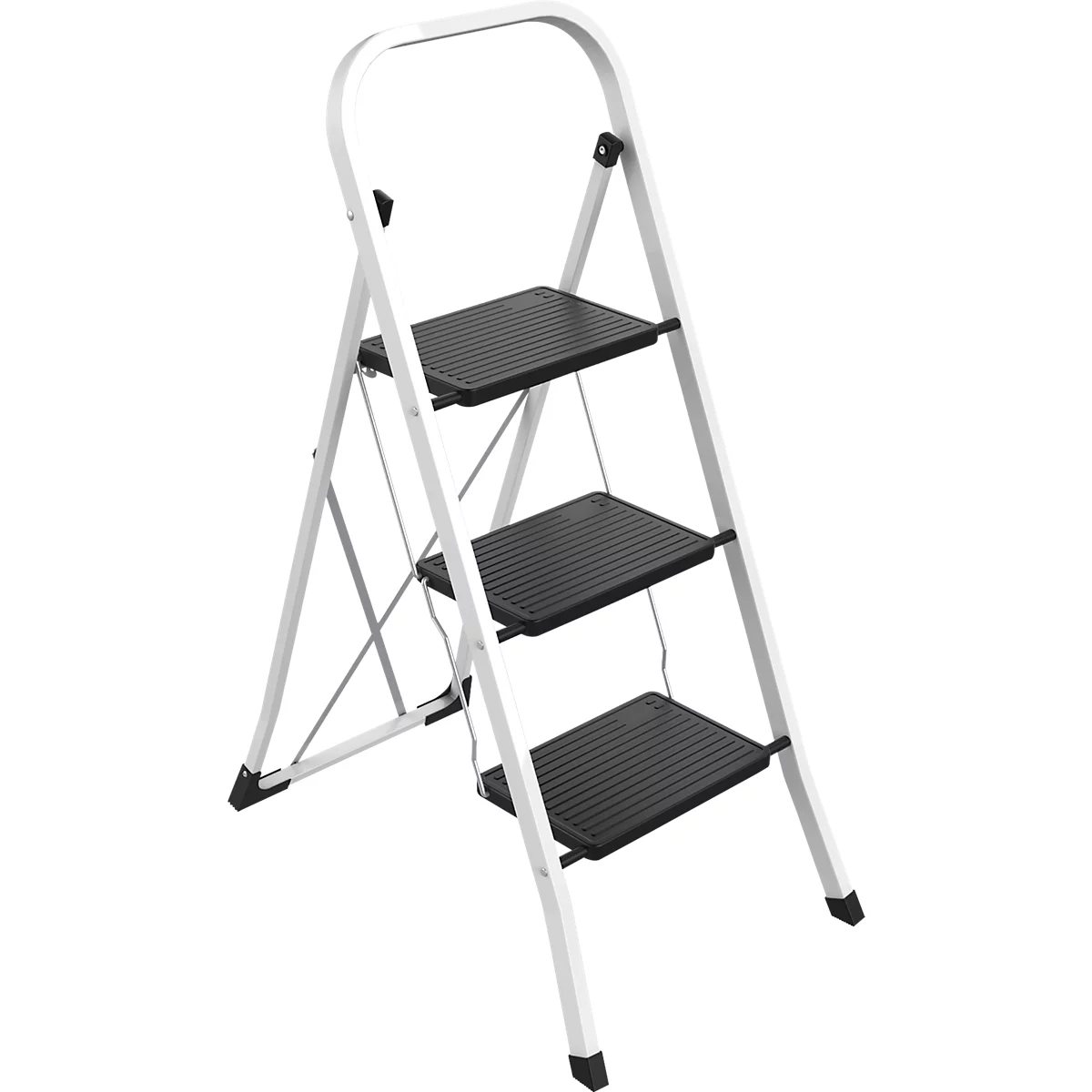 Eine weisse Trittleiter mit drei schwarzen Stufen steht vor weissem Hintergrund.