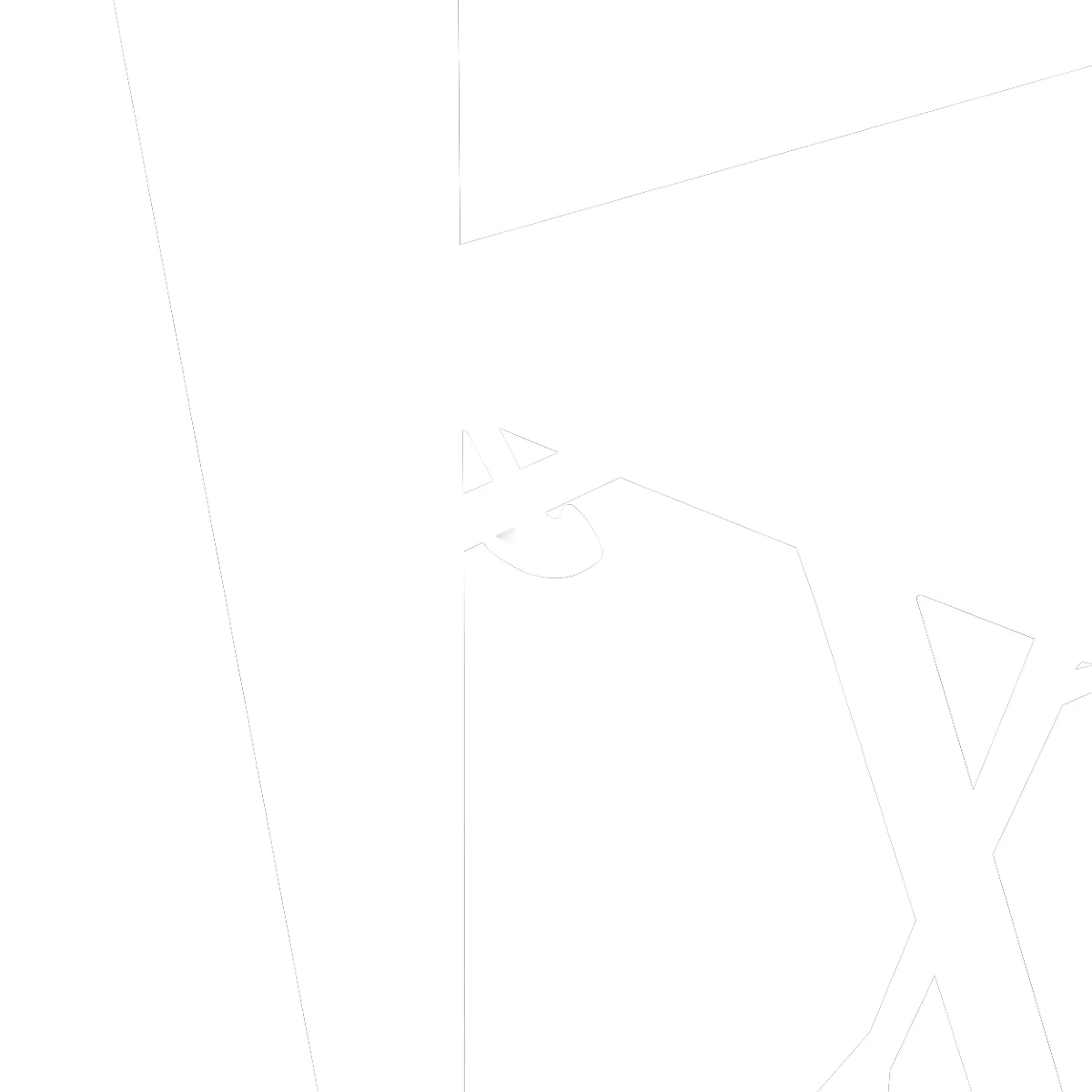 Kontur eines abstrakten Buchstaben "X" und weitere geometrische Formen, die in hellem Weiss auf weissem Hintergrund dargestellt werden.
