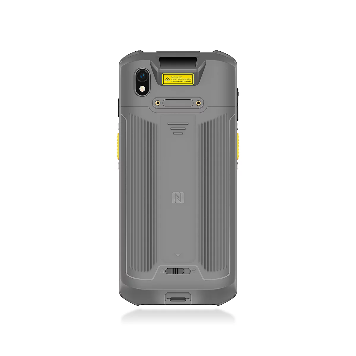Graues Smartphone mit gelben Akzenten, Touchscreen, Datum und Uhrzeit, sowie Apps. Die Marke "Newland" ist zu sehen.