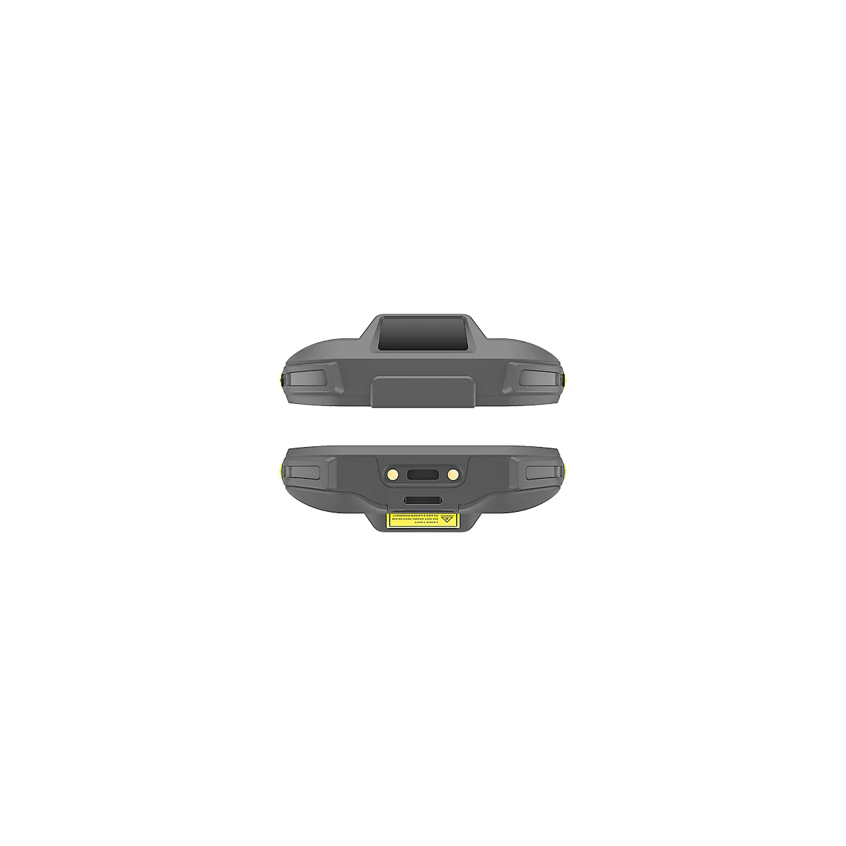 Deux appareils portables gris, vue latérale. Boutons jaunes et fentes d'aération visibles.
