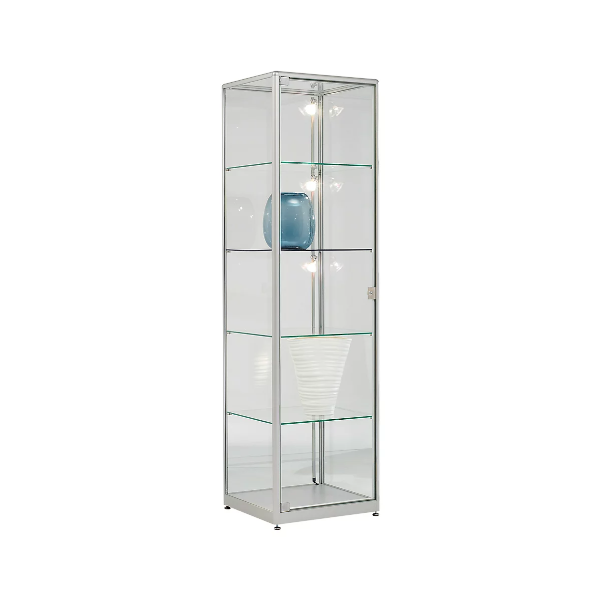 Mueble de presentación de pie, puerta abatible, 4 estantes, marco de aluminio, cristal de seguridad templado, An 500 x Pr 500 x Al 1800 mm, plata