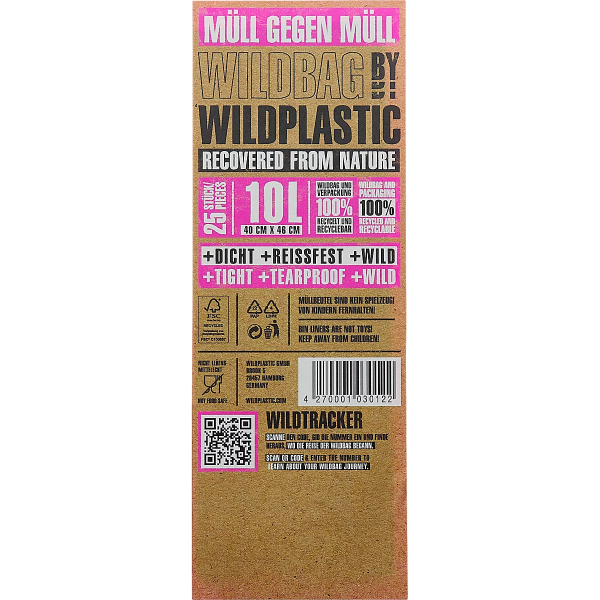 Aufdruck auf brauner Kartonage mit pinken und weißen Texten: "Müll gegen Müll Wildbag by Wildplastic Recovered from Nature" und weitere Informationen zur Mülltüte.