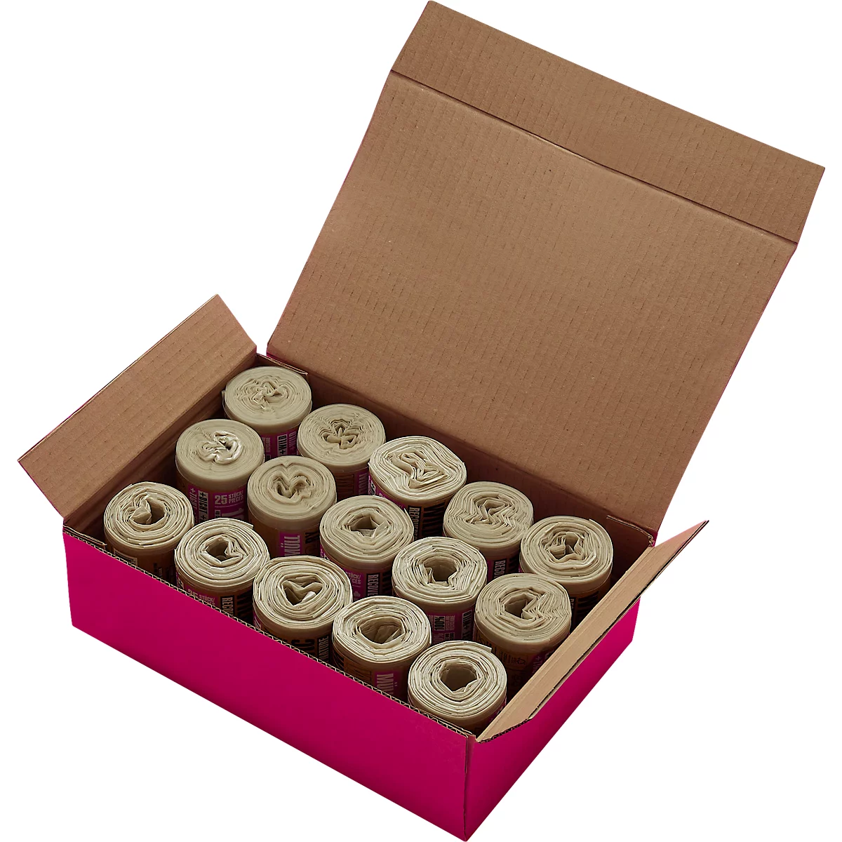 Eine geöffnete Box mit mehreren Rollen Abfallsäcken. Die Box ist pink und braun, die Säcke sind hell.