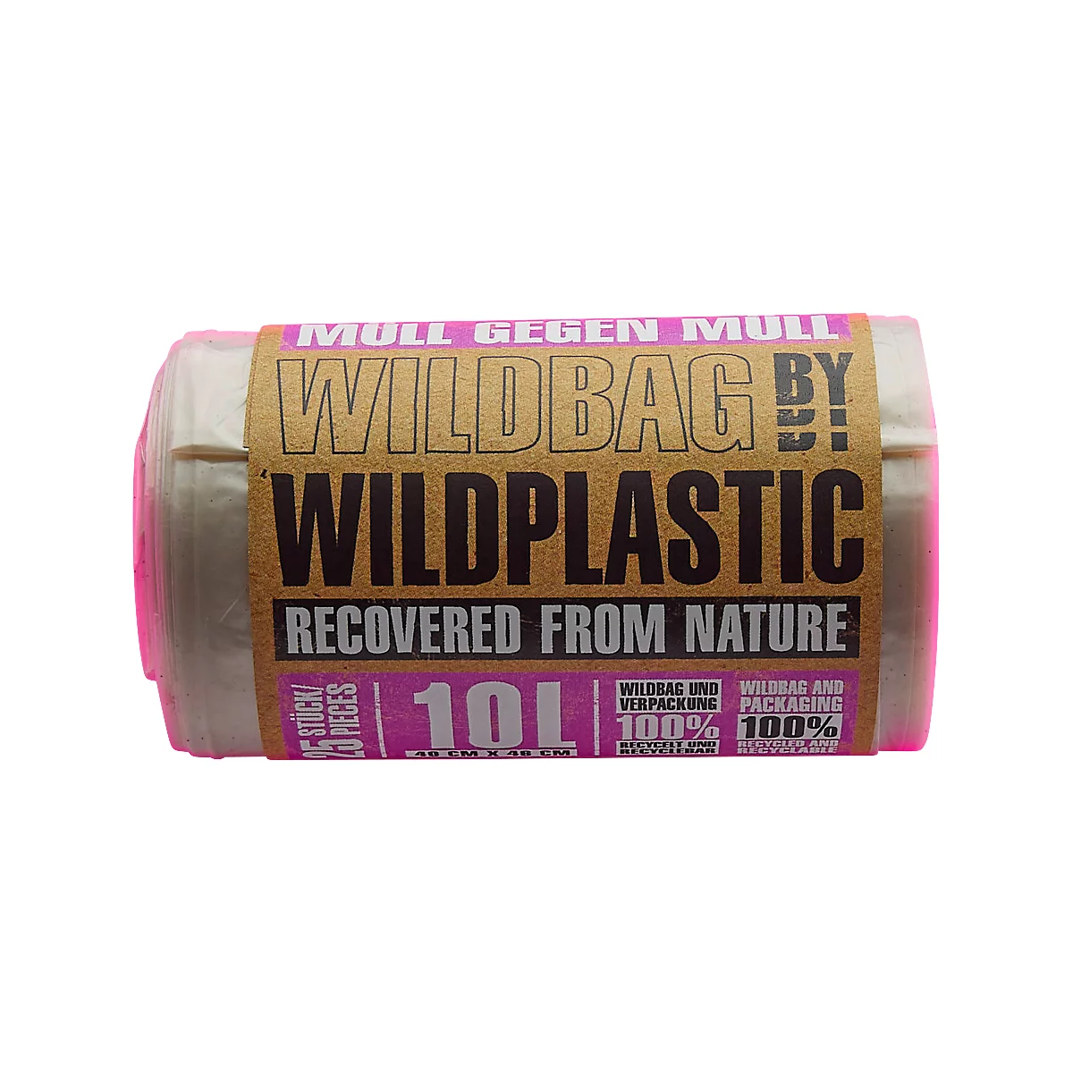 Rolle Wildplastik Müllbeutel. Aufschrift: Wildbag by Wildplastic, Recovered from nature, 10 L.