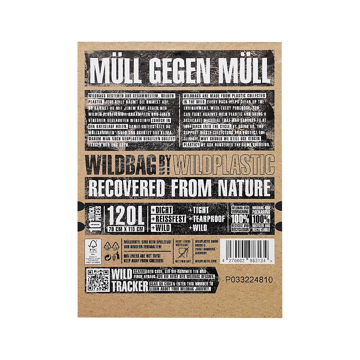 Brauner Hintergrund mit Text: „Müll gegen Müll“, „Wildbag by Wildplastic“ und technischen Daten der Müllsäcke, darunter 120L, dicht, reissfest, wasserdicht.