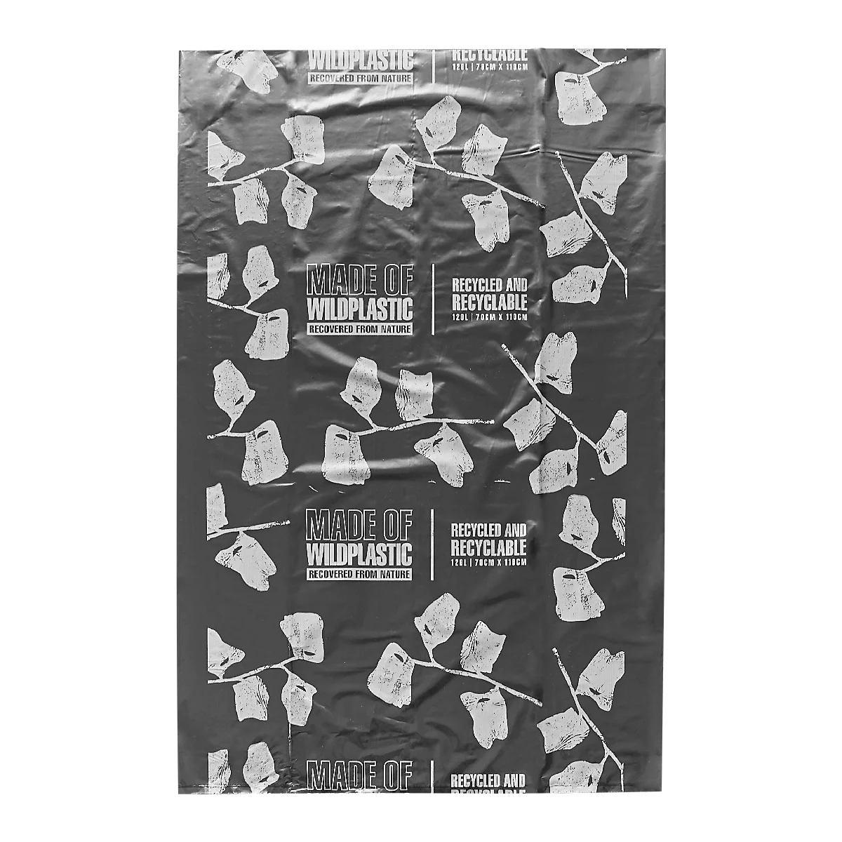 Schwarze Tüte mit weißen Blättern und Text: Wildplastic, Recycled and Recyclable.