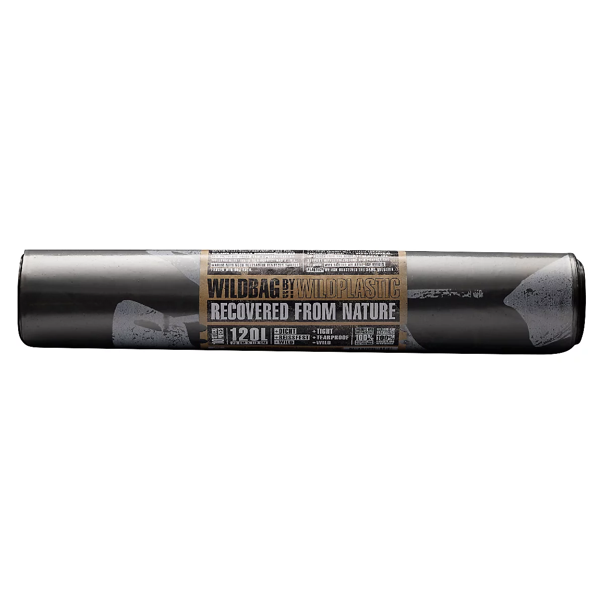 Müllbeutel Wildplastic® WILDBAG, Volumen 120 l, Stärke 35 µm, zu 100 % recycelbar, Recycling-LDPE, transparent, 15 Rollen à 10 Beutel