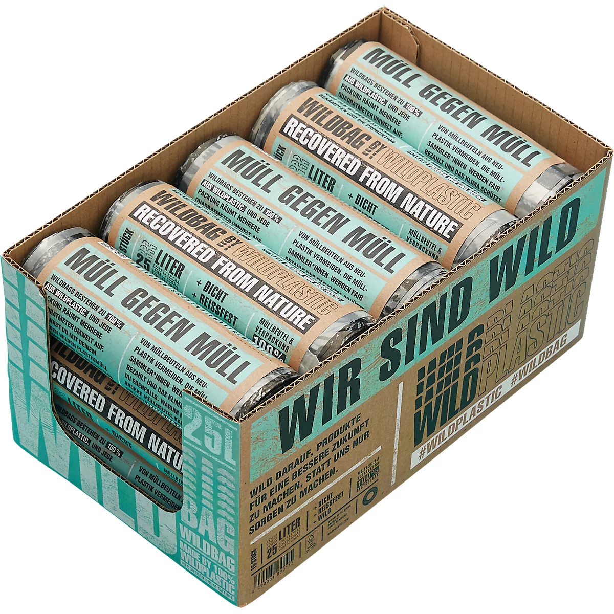 Box mit Müllsäcken. Aufdruck: Müll gegen Müll, recovered from nature, 25 Liter. Auf der Box: Wir sind Wild. #wildplastic