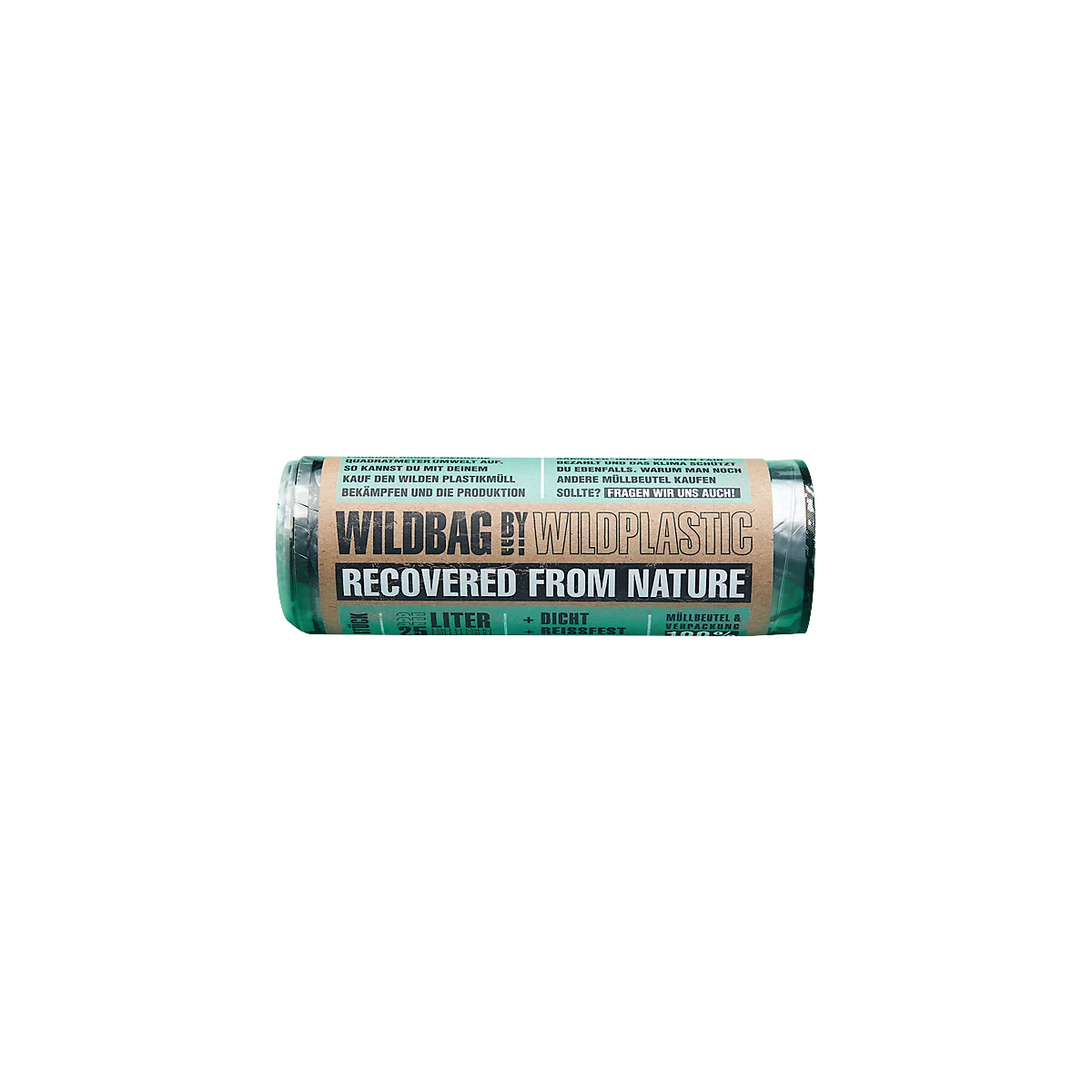 Eine Rolle Müllbeutel mit dem Schriftzug "WILDBAG BY WILDPLASTIC". Text zeigt "RECOVERED FROM NATURE".