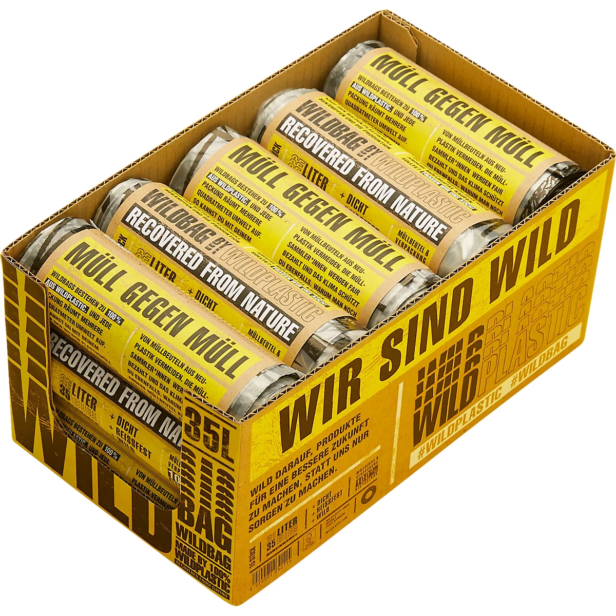 Eine gelbe Box mit mehreren Müllsäcken, auf denen "Müll gegen Müll" steht.