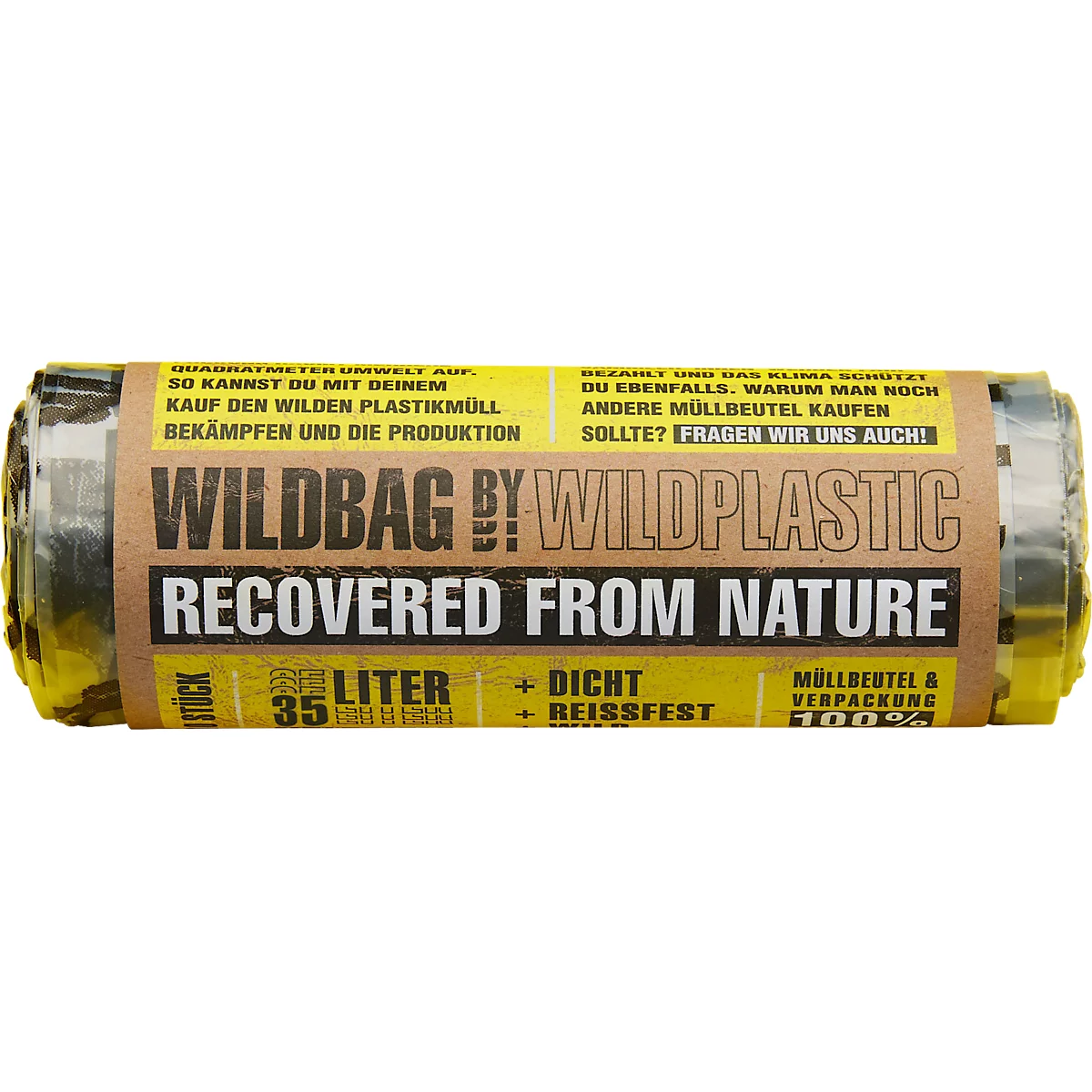Gelbe Müllbeutel-Rolle mit schwarzem Text, darunter "WILDBAG BY WILDPLASTIC RECOVERED FROM NATURE".