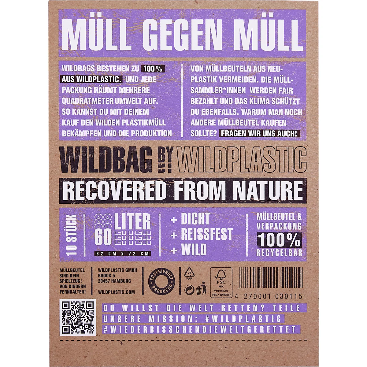 Karton mit Texten, darunter "Müll gegen Müll", Wildbag und "Recovered from Nature". Details zu Wildplastic-Müllsäcken.