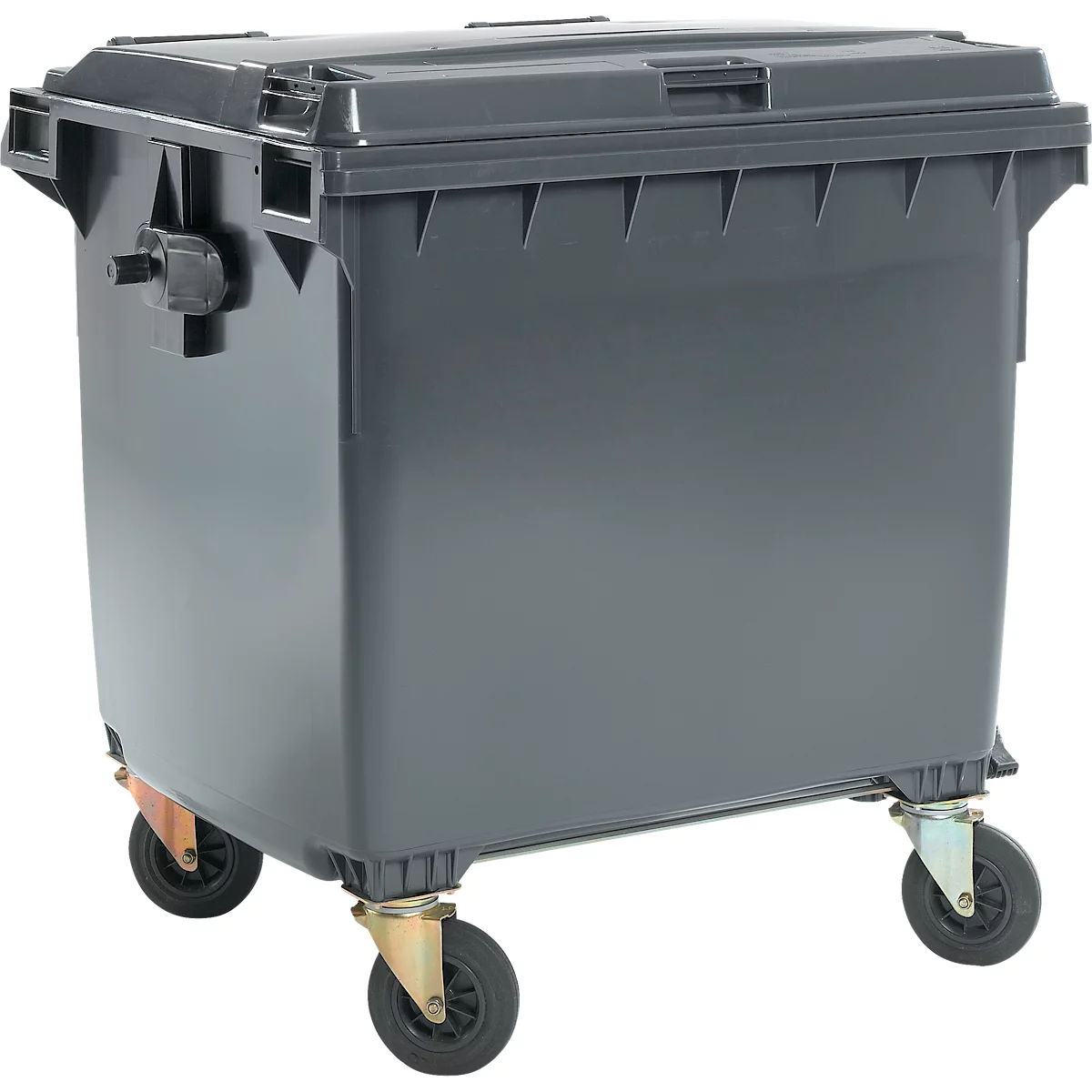 Grauer Müllcontainer mit Deckel und Rollen. Auf hellem Hintergrund.