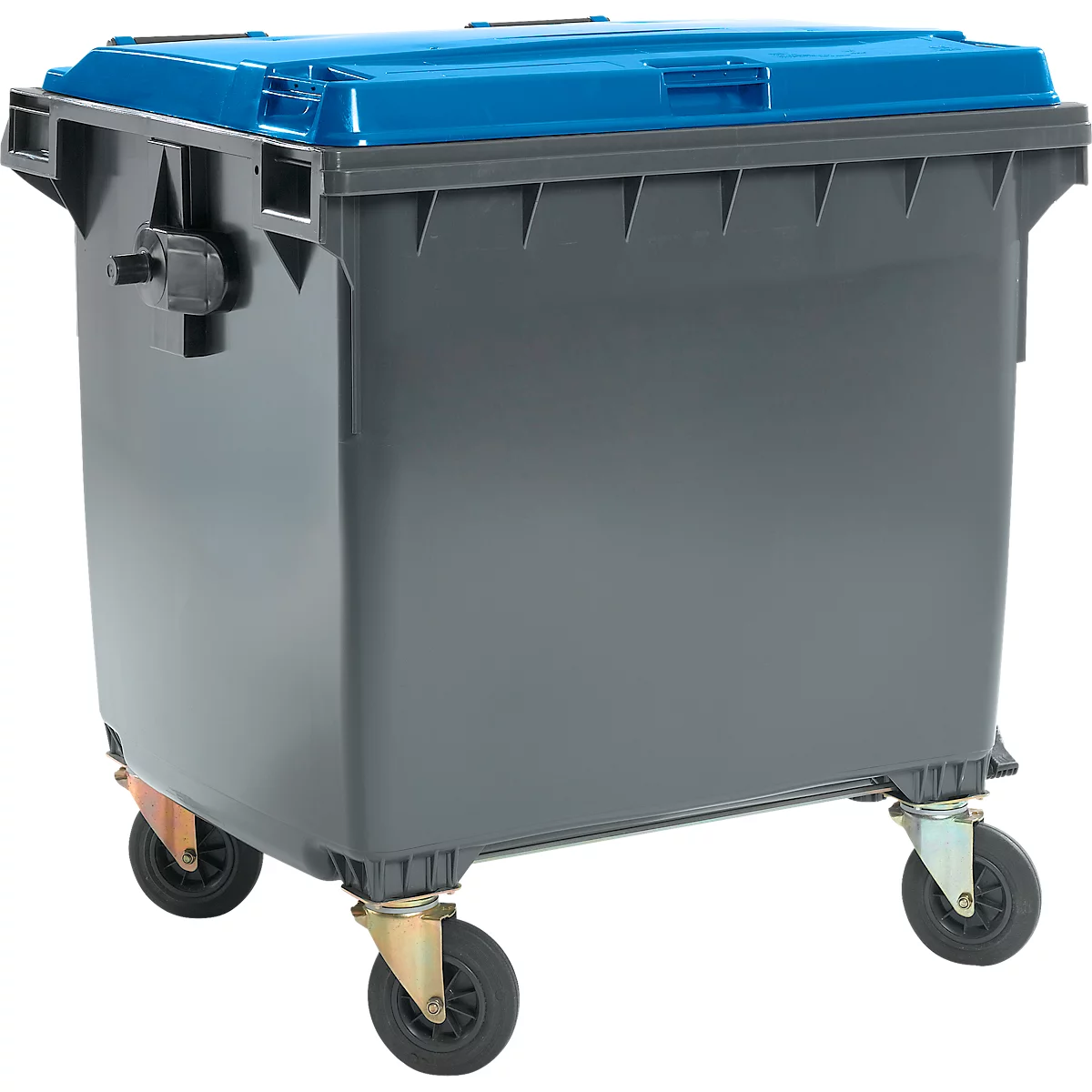 Graue Abfalltonne mit blauem Deckel, auf Rollen.