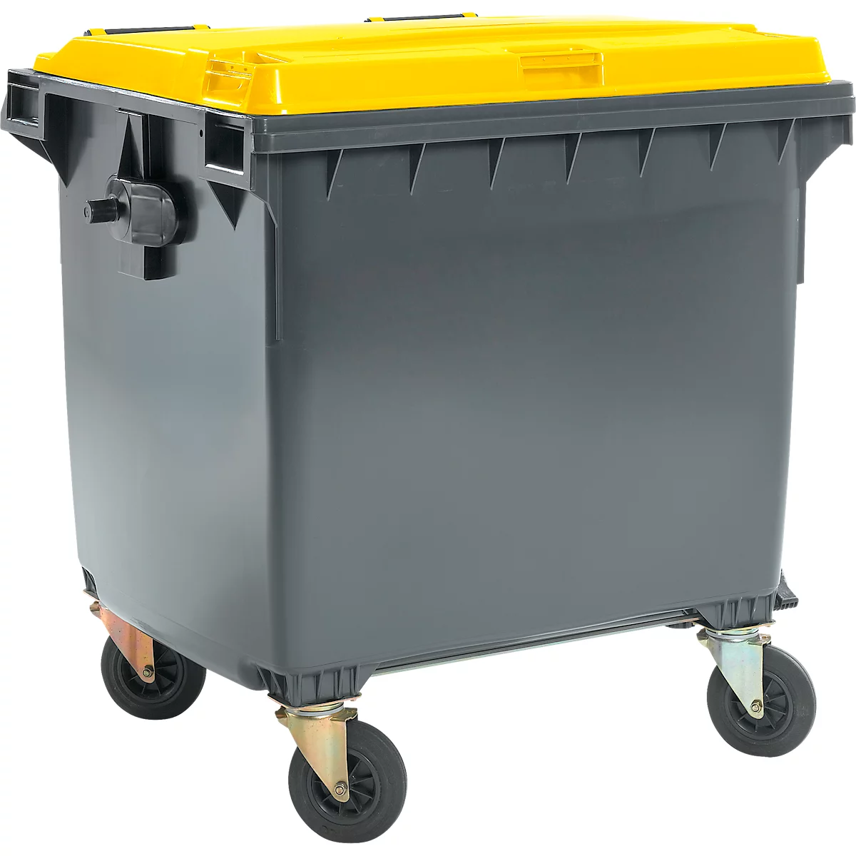 Grauer Müllcontainer mit gelbem Deckel auf Rollen.