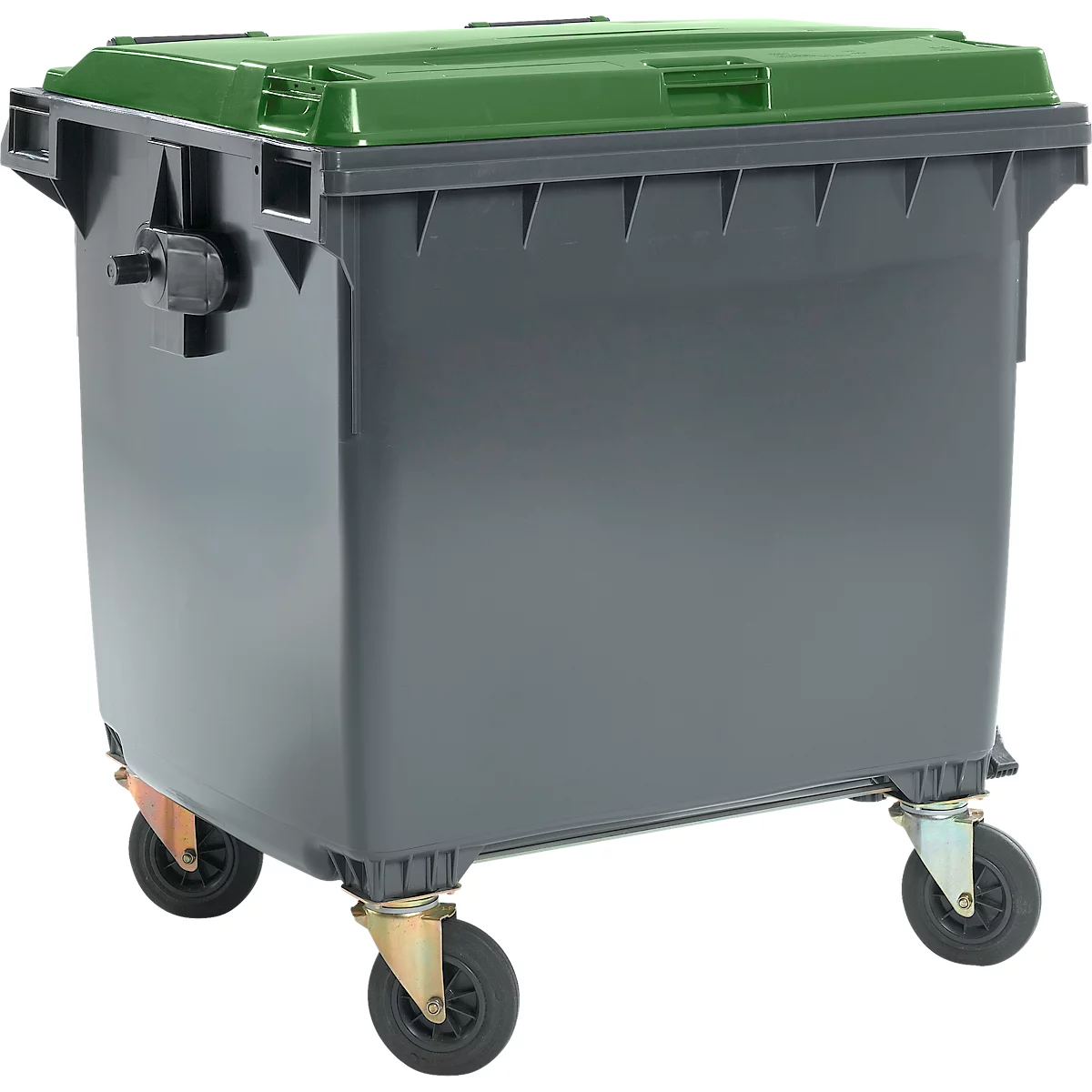 Großer, grauer Müllcontainer mit grünem Deckel und Rollen.