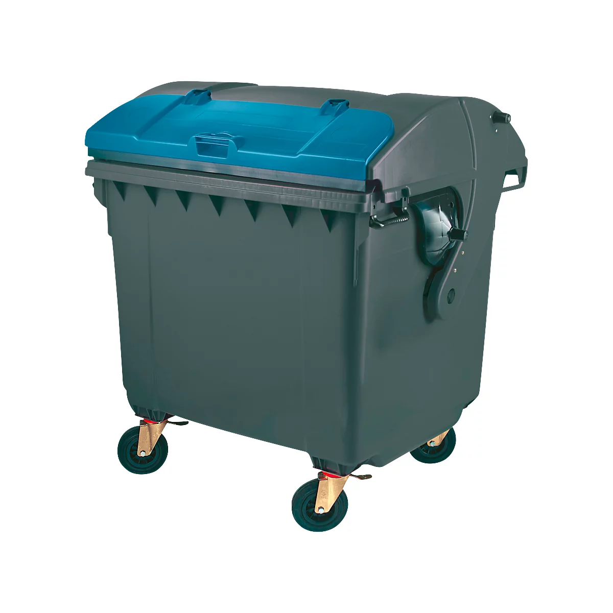 Grauer Müllcontainer mit blauem Deckel auf Rollen.