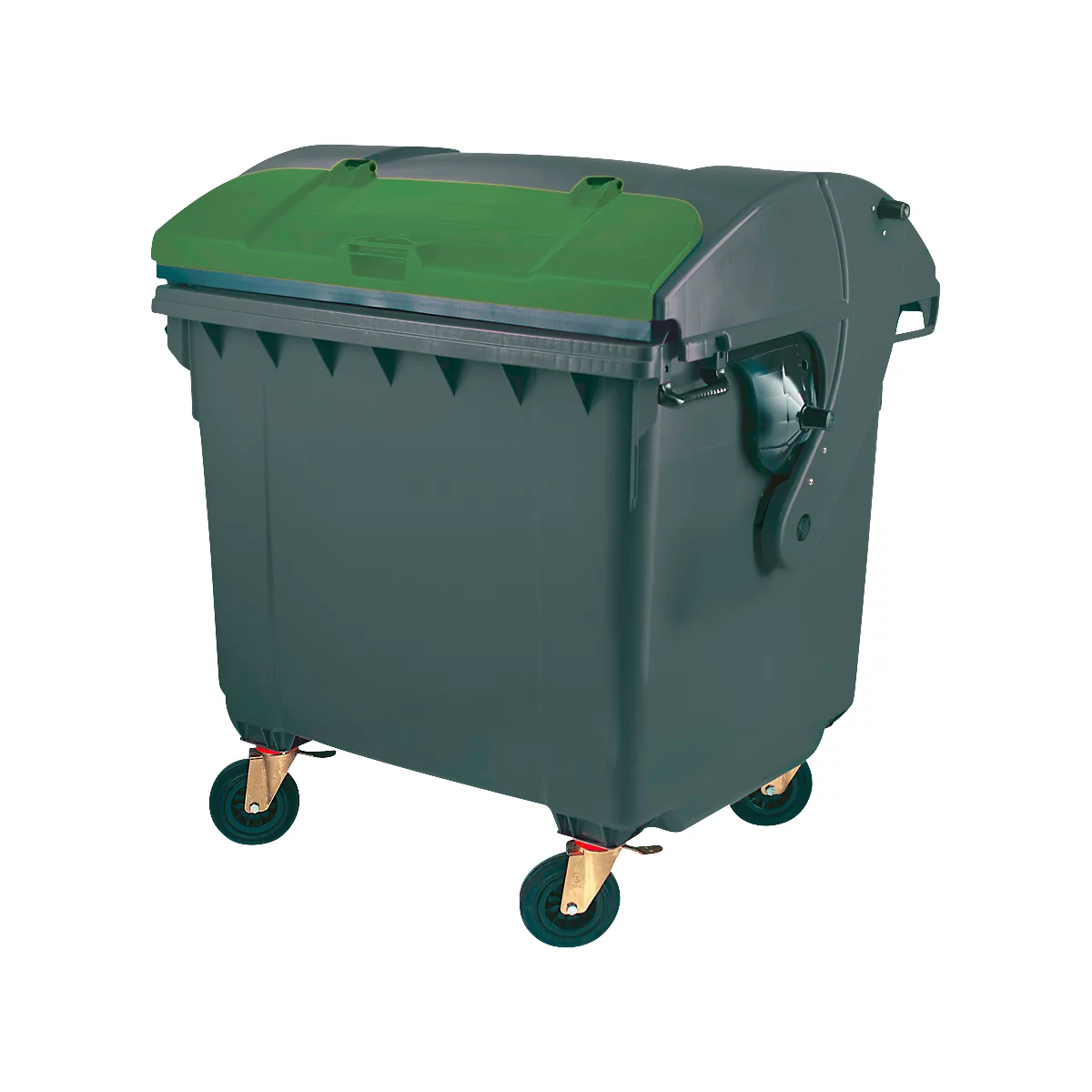 Dunkelgrauer Müllcontainer mit grünem Deckel, auf vier Rädern. Die Räder sind mit goldenen Halterungen befestigt.