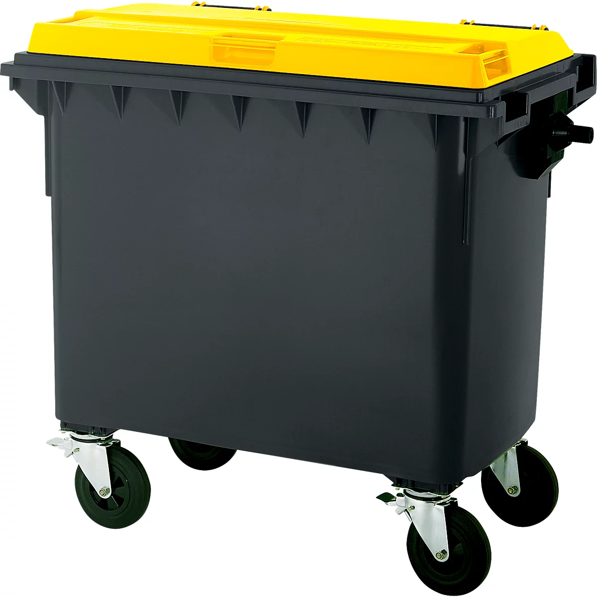 Dunkelgrauer Müllcontainer mit gelbem Deckel. Auf vier Rädern, für einfachen Transport.