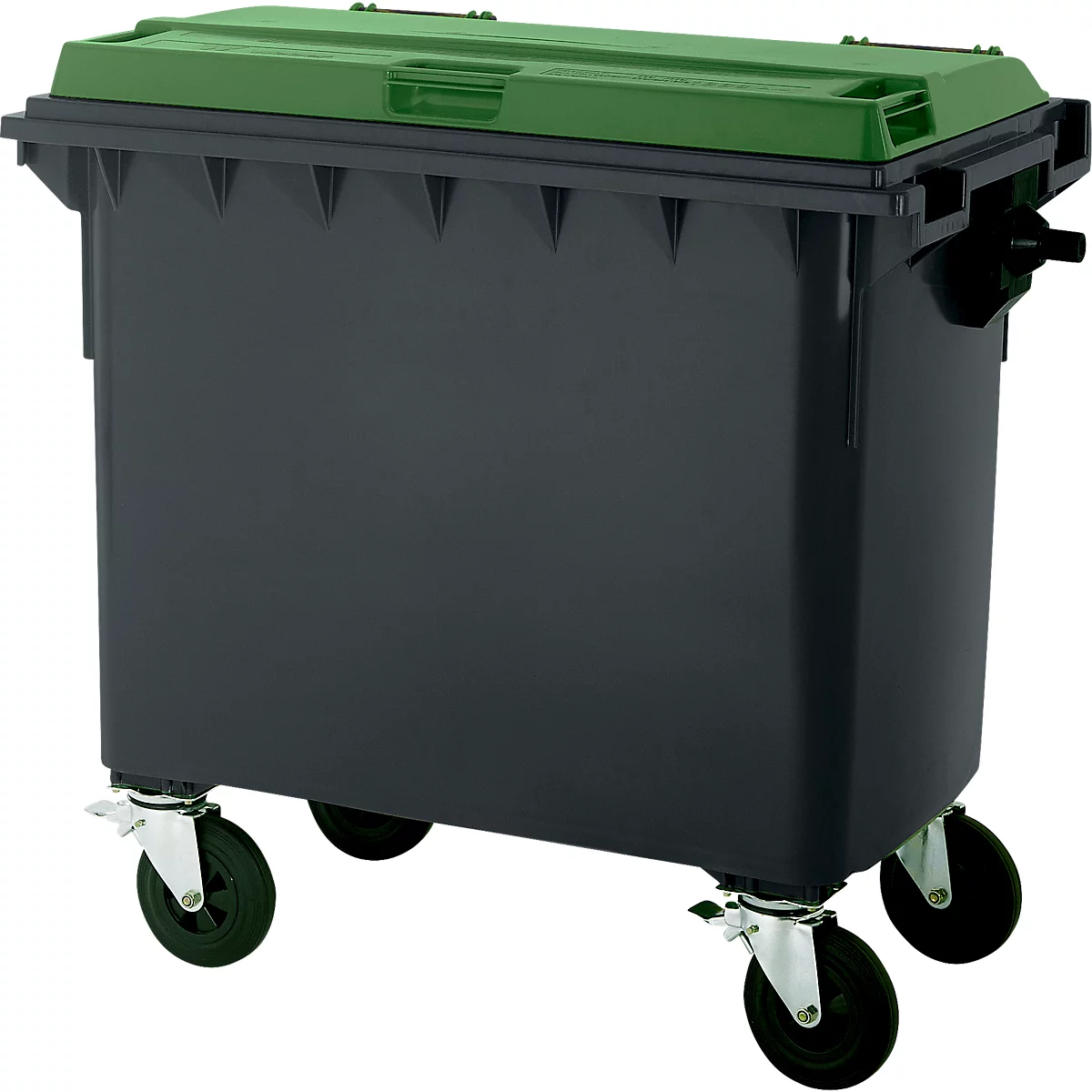 Dunkelgrauer Müllcontainer mit grünem Deckel auf Rädern.