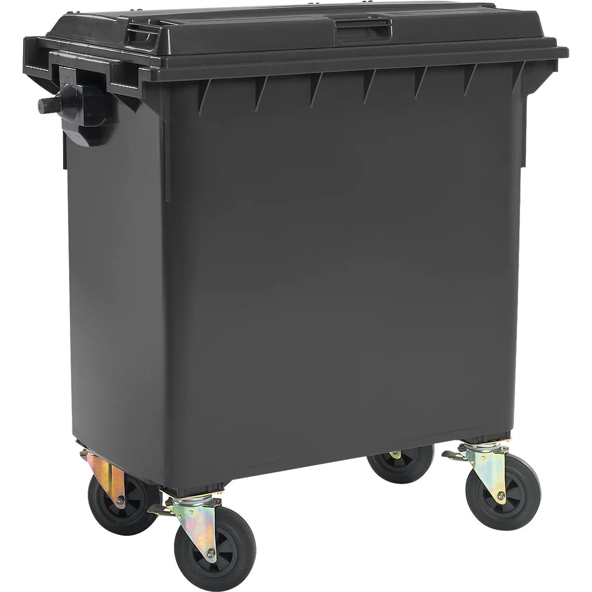 Schwarzer Müllcontainer auf Rollen. Deckel geschlossen, Griffe links.