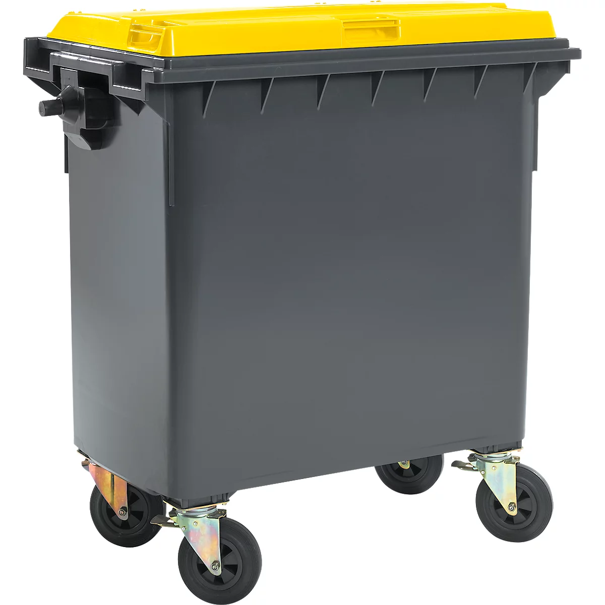 Grauer Müllcontainer mit gelbem Deckel und Rädern.