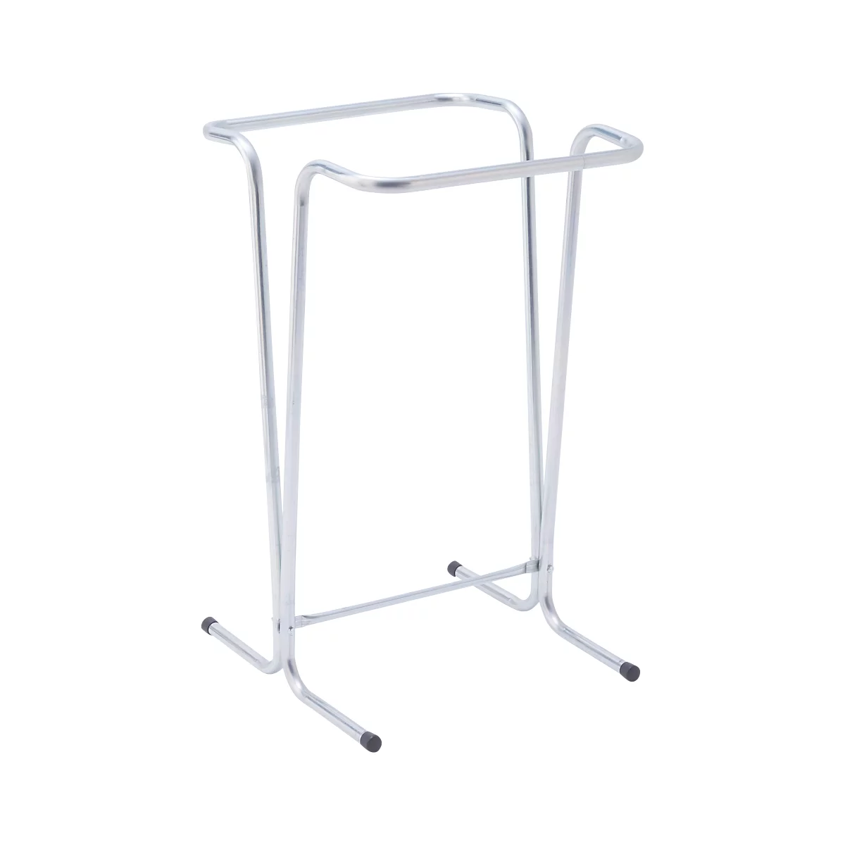 Ein freistehender, verchromter Handtuchhalter. Er hat ein rechteckiges Design mit abgerundeten Ecken und steht auf vier schwarzen Gummifüßen.