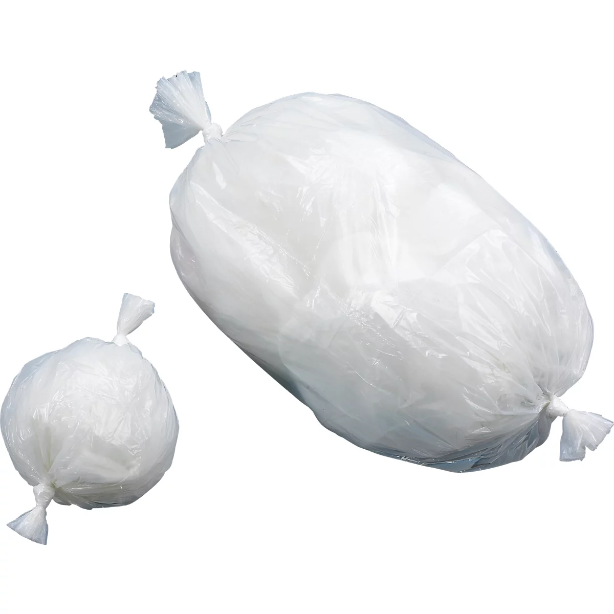 Zwei weiße Plastiktüten: eine kleine, runde und eine große, längliche.