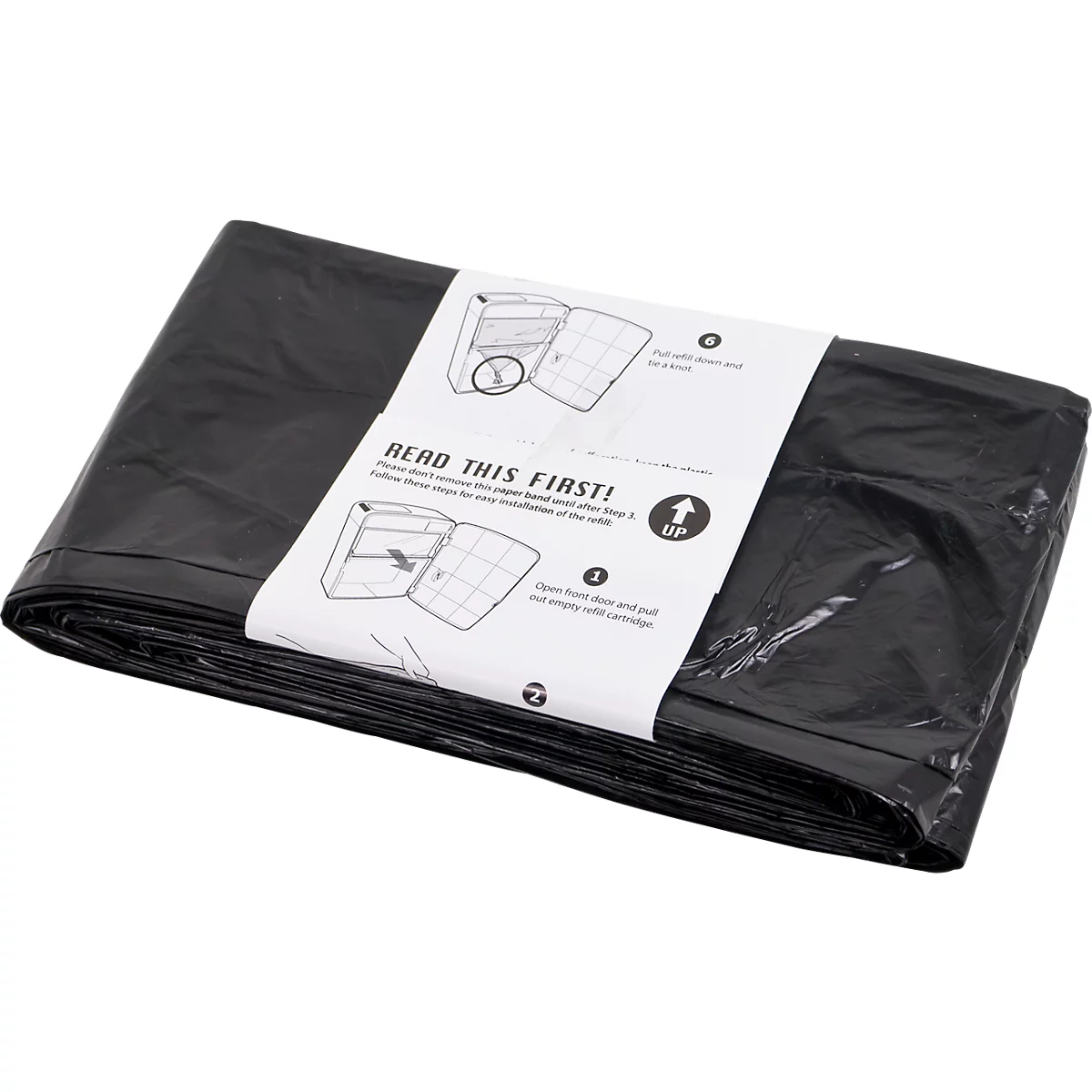 Schwarze Mülltüten, zusammengelegt, mit einem Papierband mit Anweisungen versehen.