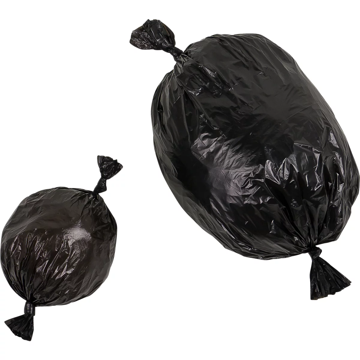 Zwei schwarze Müllsäcke auf weißem Hintergrund; einer rund, einer länglich.