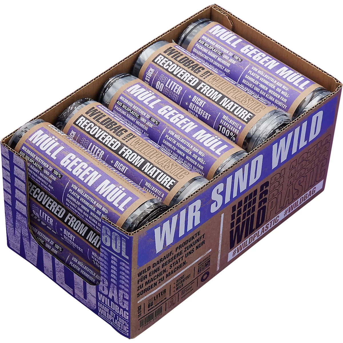 Müllsäcke Wildplastic® - Recycling-LDPE - B 660 x H 840 mm - 60 l - 30 µm - 100 % recycelbar - transparent - 15 Rollen à 10 Stück