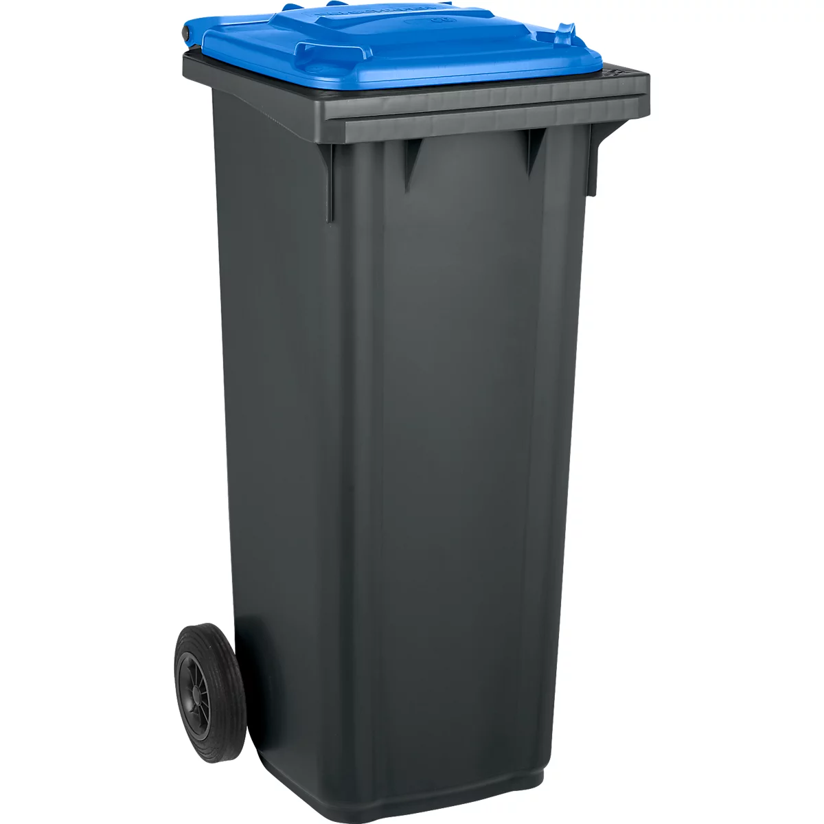 Graue Mülltonne mit blauem Deckel und Rädern.