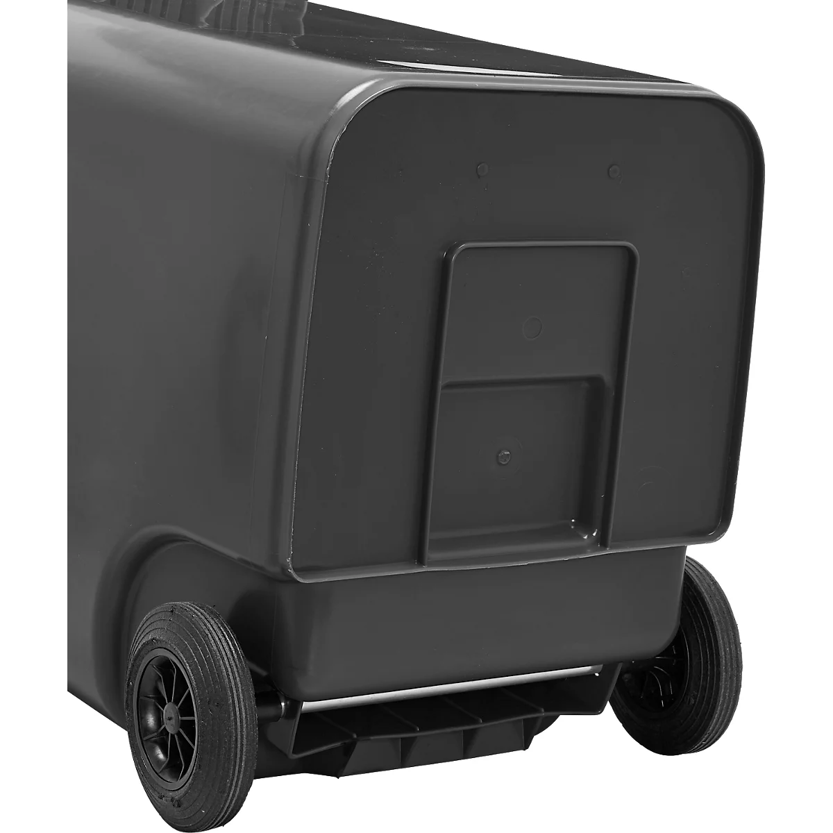 Schwarzer Müllcontainer, Unterseite, Räder, Griffmulde.