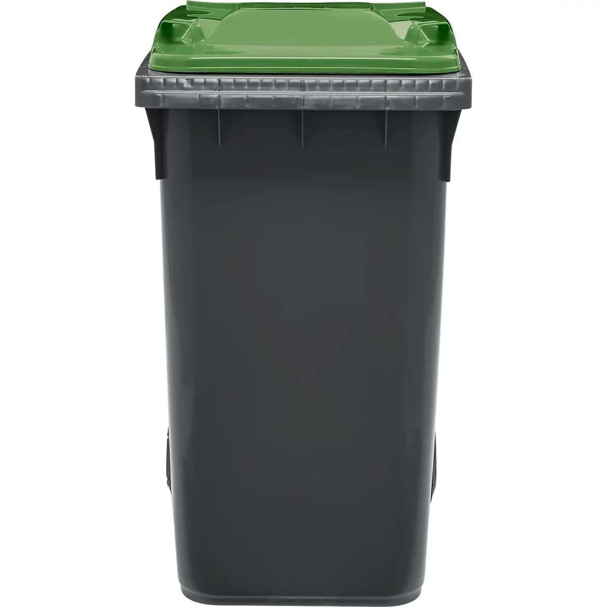 Graue Mülltonne mit grünem Deckel. Frontansicht, neutraler Hintergrund.