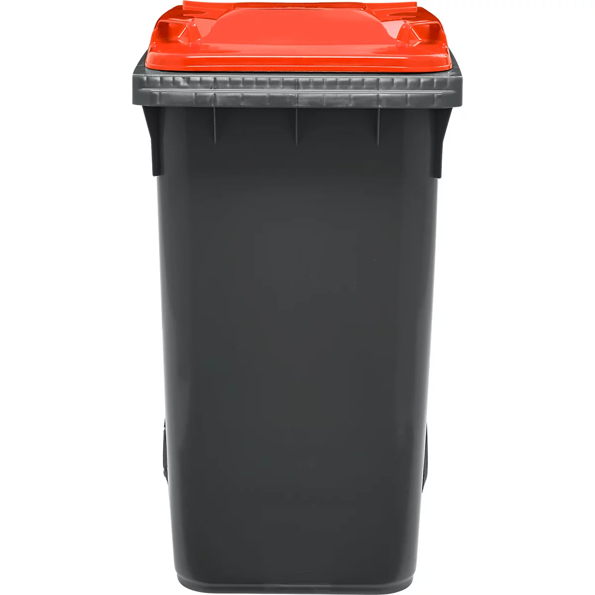 Grauer Müllcontainer mit rotem Deckel.