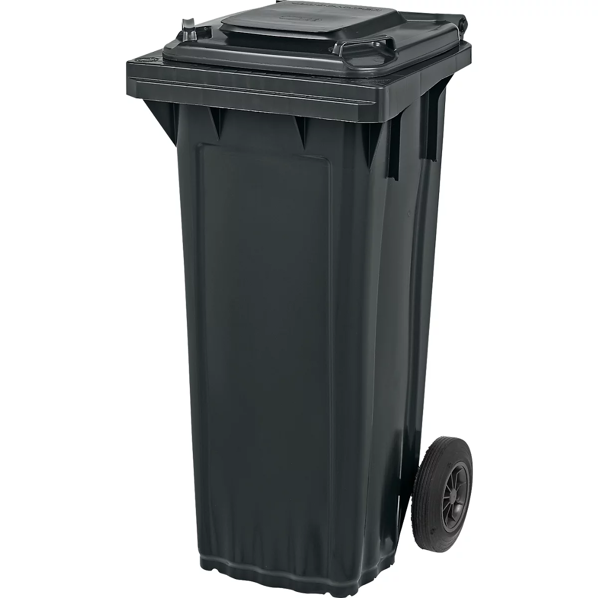 Schwarze Mülltonne mit Deckel und Rollen, Seitenansicht, vor neutralem Hintergrund.