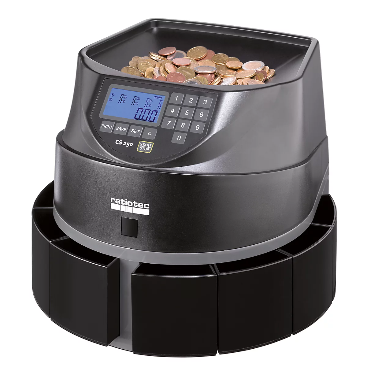 Münzzähler Ratiotec Coinsorter CS250, zählt & sortiert bis zu 550 Euromünzen/min, mit Bündelfunktion