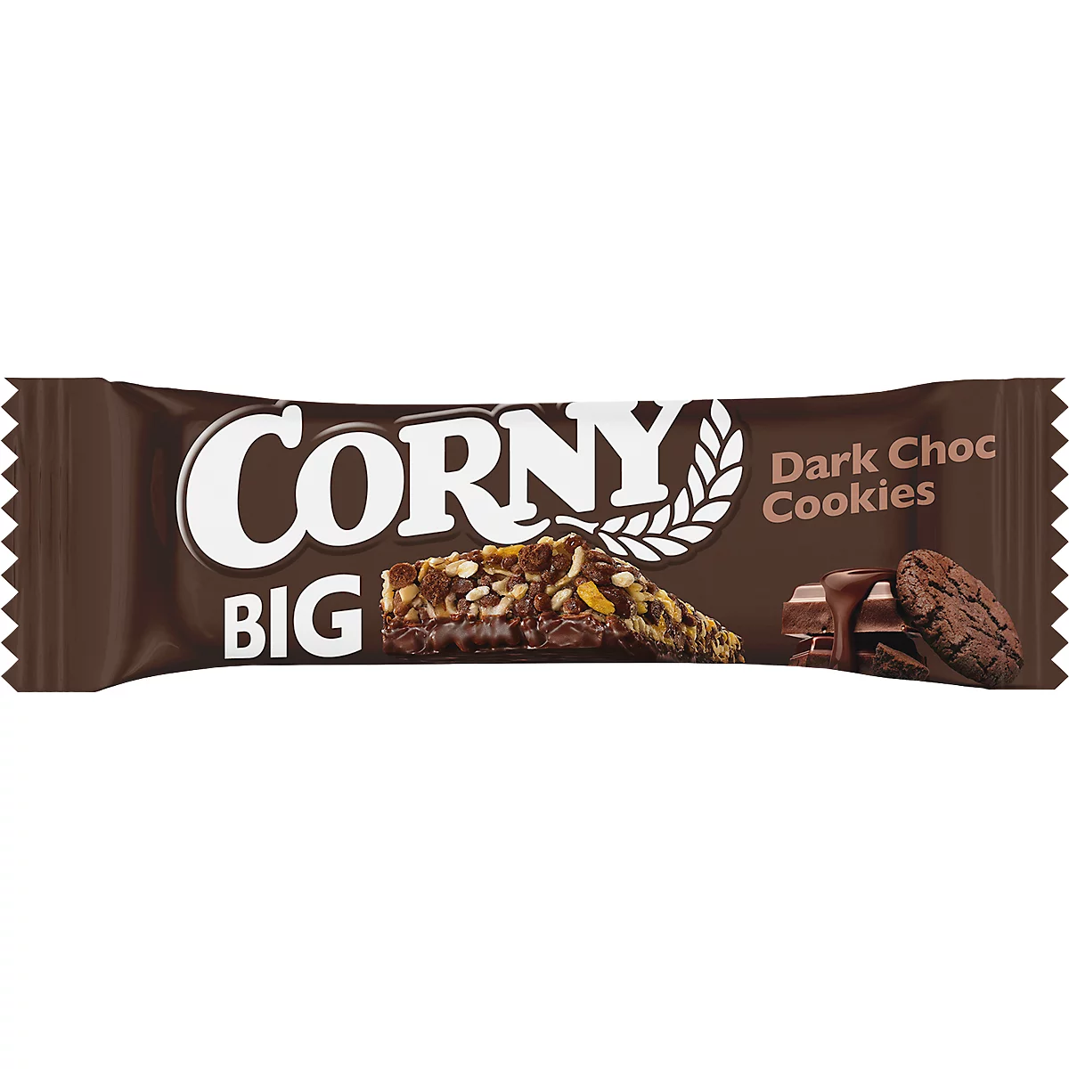 The packaging of a CORNY BIG bar featuring the text 'Dark Choc Cookies'. Brown and white tones dominate, with a design showing oats and chocolate elements.