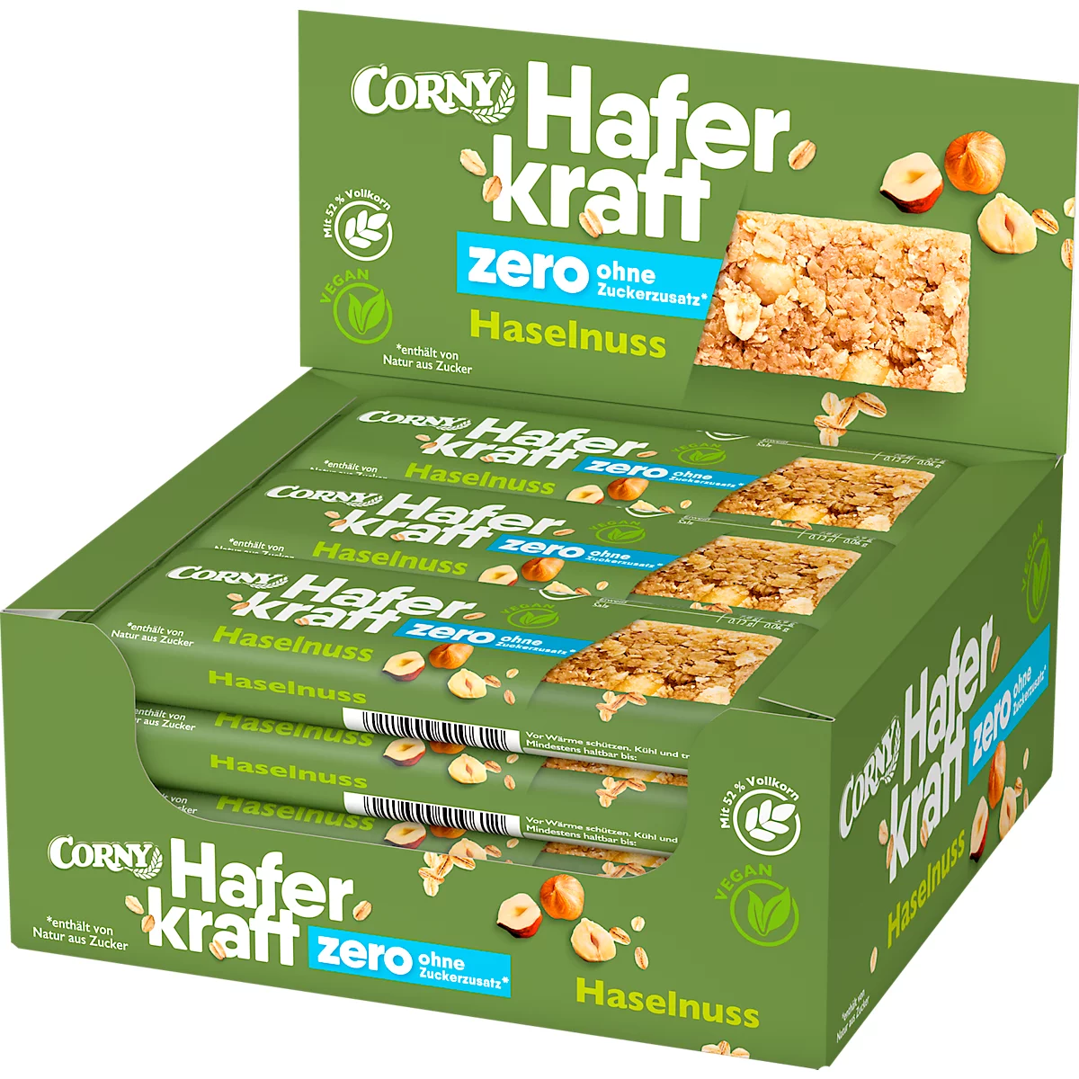 Mueslireep Corny Haferkraft Zero Hazelnoot, doos van 12 repen, 50g per stuk