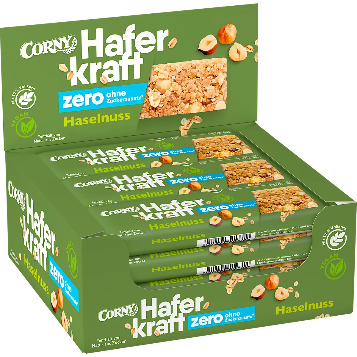 Mueslireep Corny Haferkraft Zero Hazelnoot, doos van 12 repen, 50g per stuk