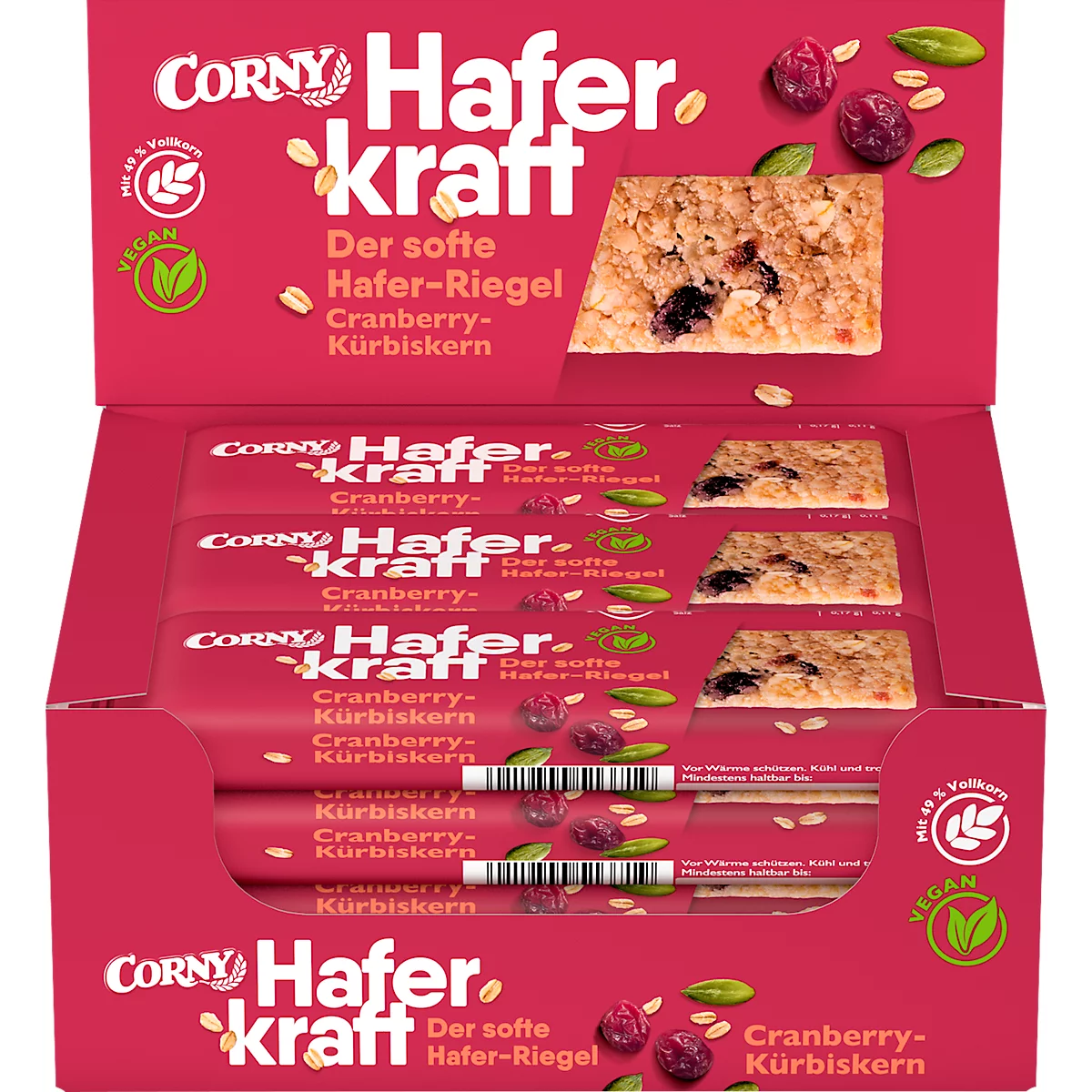 Mueslireep Corny Oat Power Cranberry-Pompoenzaad, doos van 12 repen, 65 g per stuk