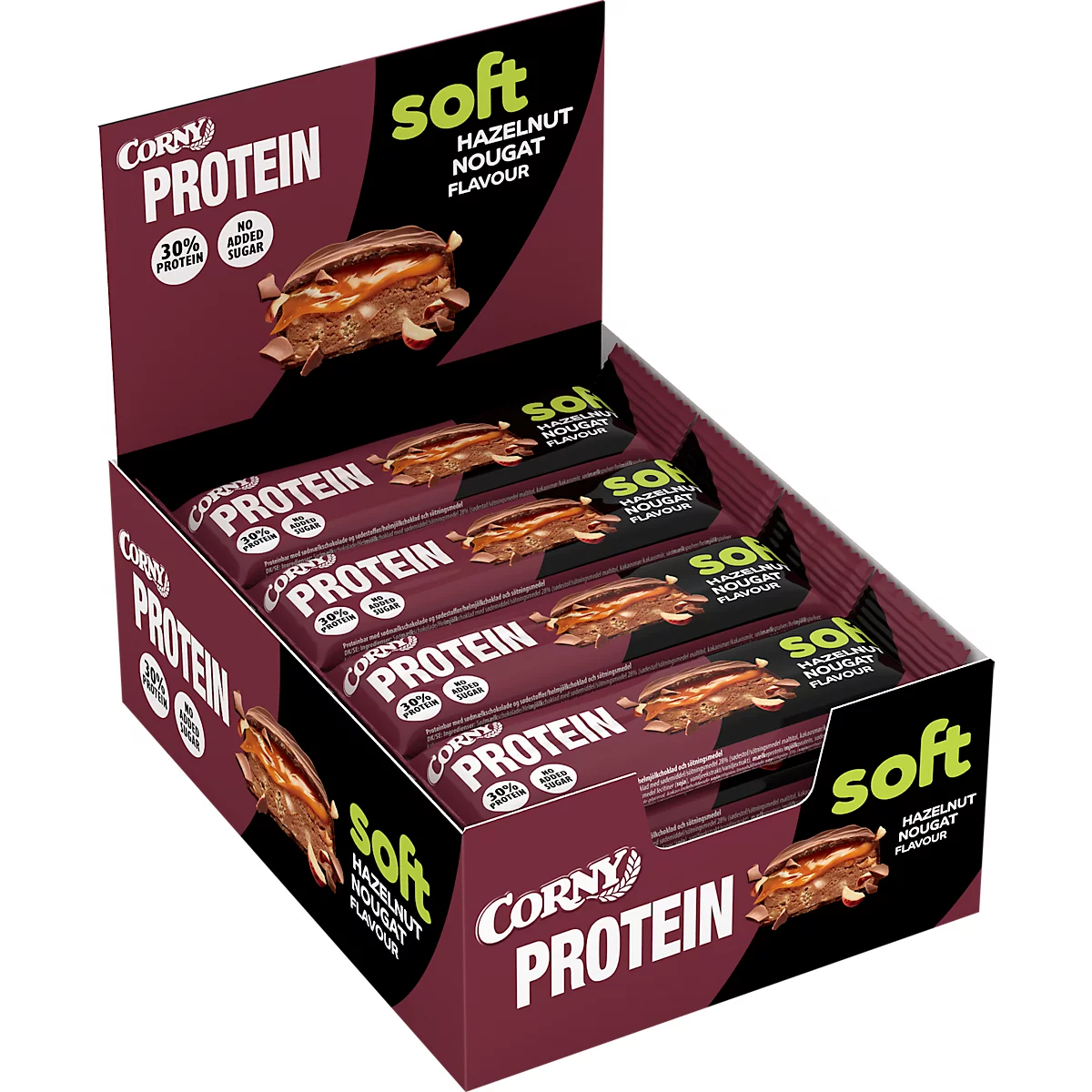 Mueslireep Corny Protein Zachte Hazelnoot Nougat, doos van 12 repen, 45g per stuk 