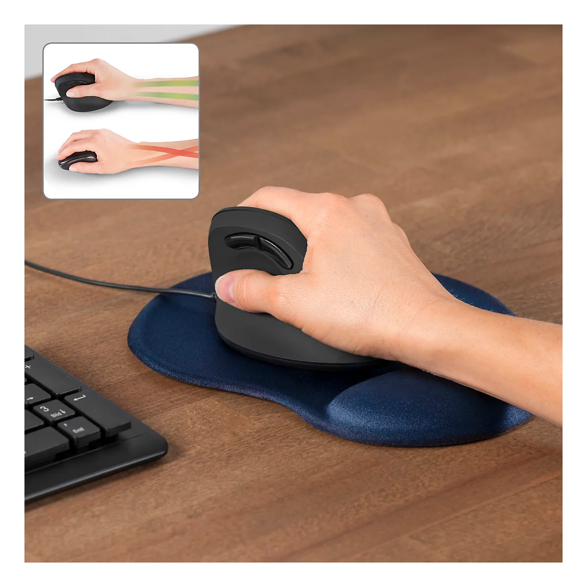 Muismat hama Ergonomic Mini, gepolsterde handpalmsteun, L 200 x B 230 x H 21 mm, PU-geheugenschuim, blauw