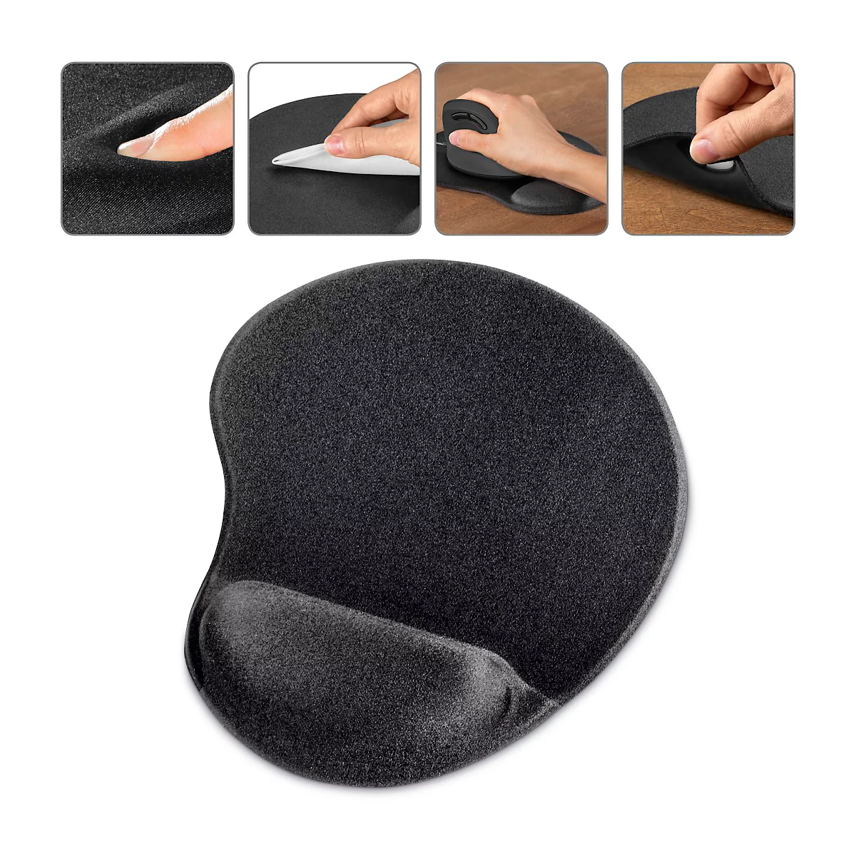 Muismat hama Ergonomic Mini, gepolsterde handpalmsteun, L 200 x B 230 x H 21 mm, PU-geheugenschuim, zwart