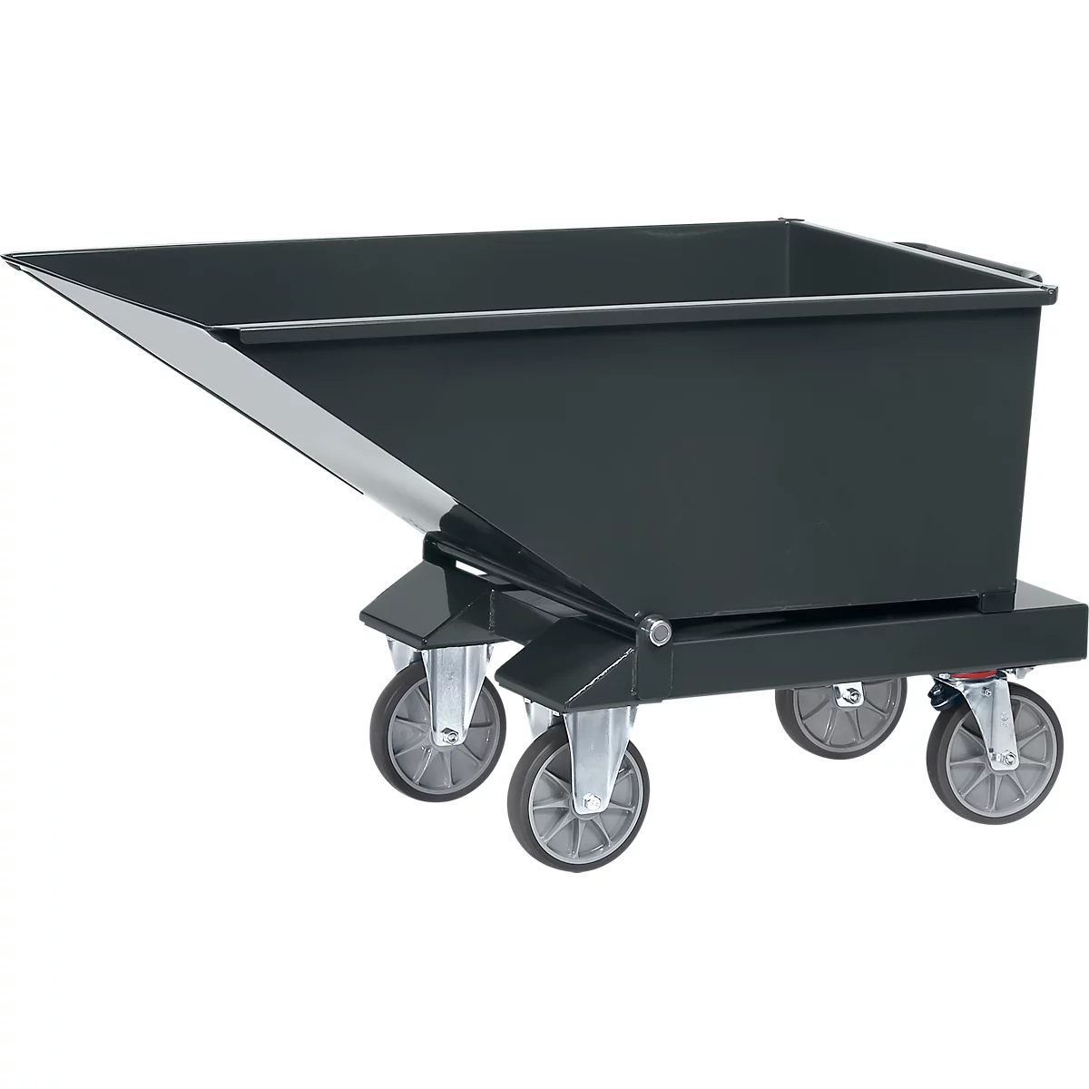 Schwarze Kippmulde auf Rollen, die mit vier Rädern ausgestattet ist. Die Mulde ist kantig und für den Transport konzipiert.