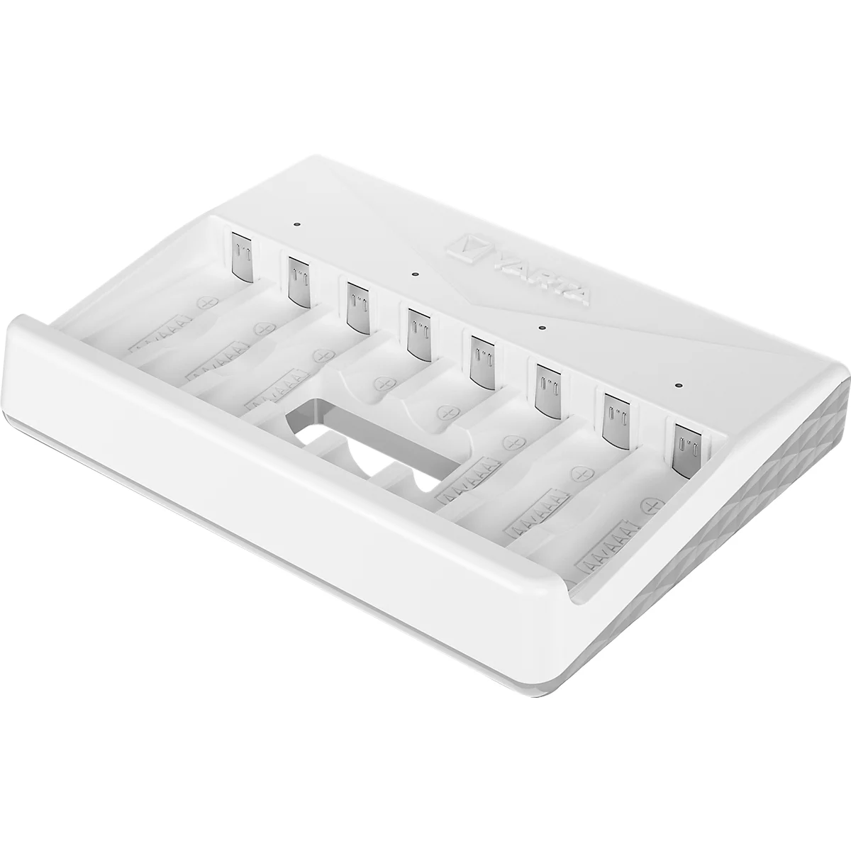 Multi-Akkuladegerät für Batterien Varta, 2/4/6/8x AA/AAA, Ladezeit 4,5 h, USB Type C (inkl. Kabel), 100-240 V, B 180 x T 43 x H 240 mm, weiß